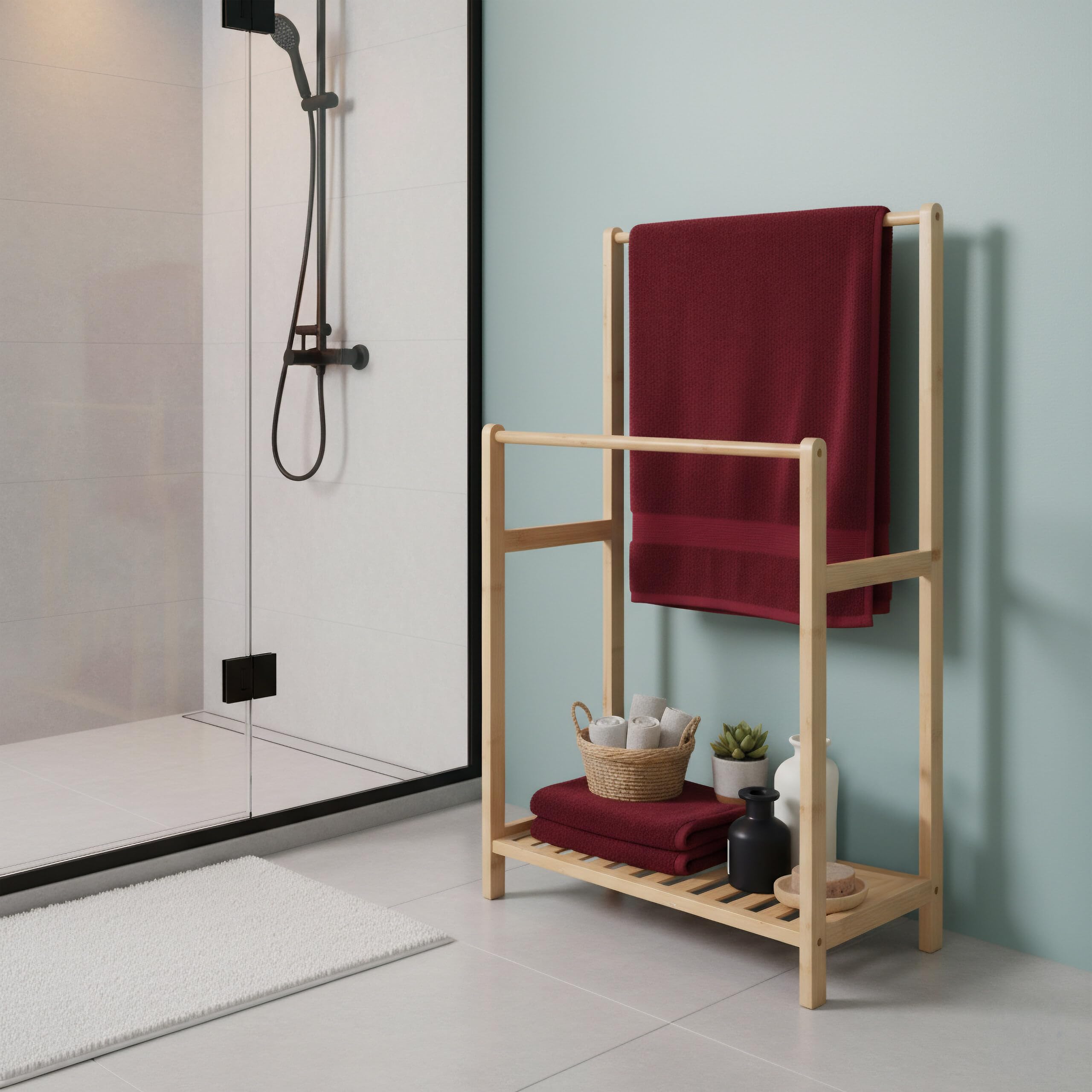 Relaxdays Porta Asciugamani in bambù, 2 aste, con ripiano, HLP: 77,5 x 42 x 24 cm, autonomo, Naturale