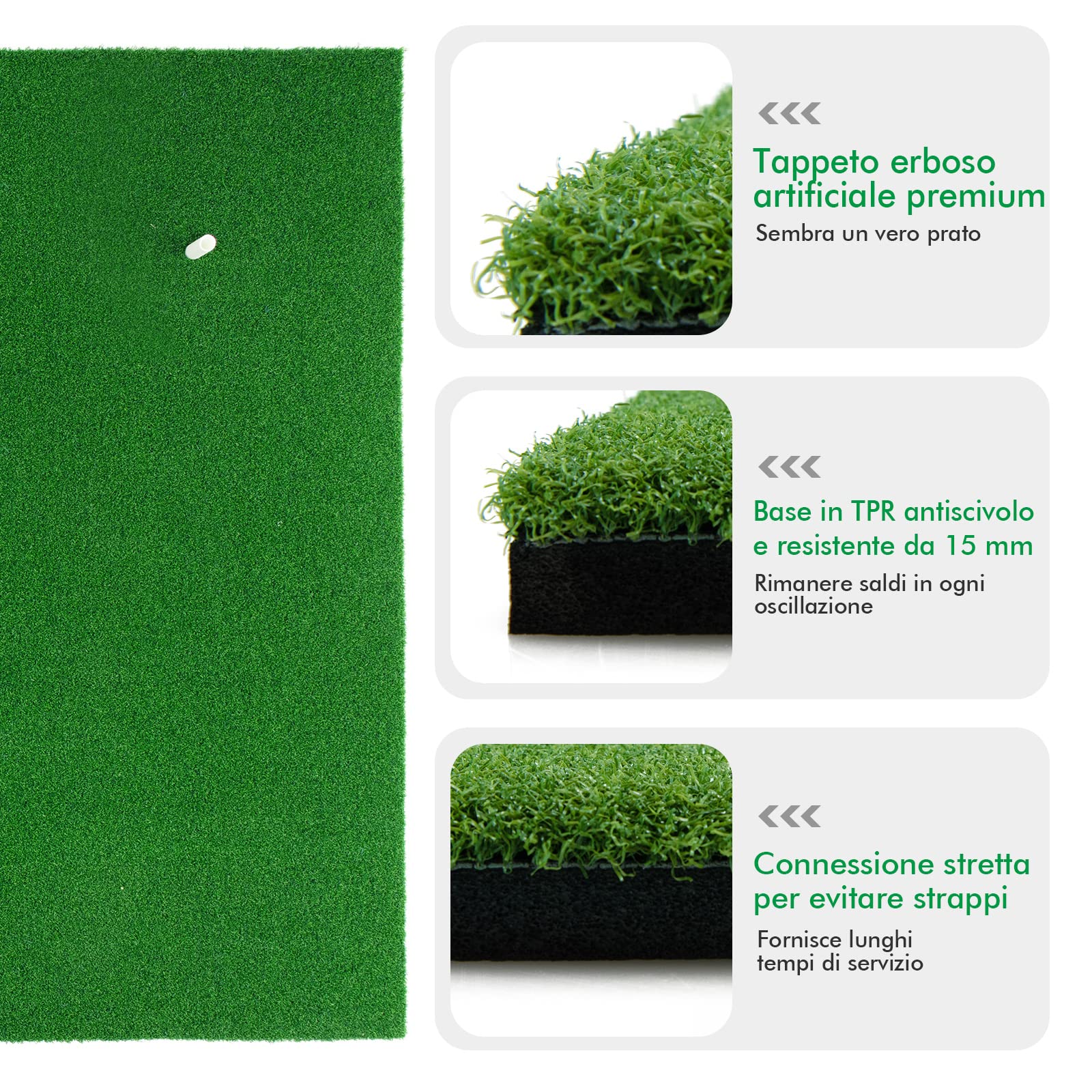 COSTWAY Tappetino da Golf Pratica 150 x 100 x 2,7 CM, Tappetino per Allenamento Golf con Erba Sintetica e 2 Fori, 3 Tee, Putting Mat Green per Uso Interno ed Esterno