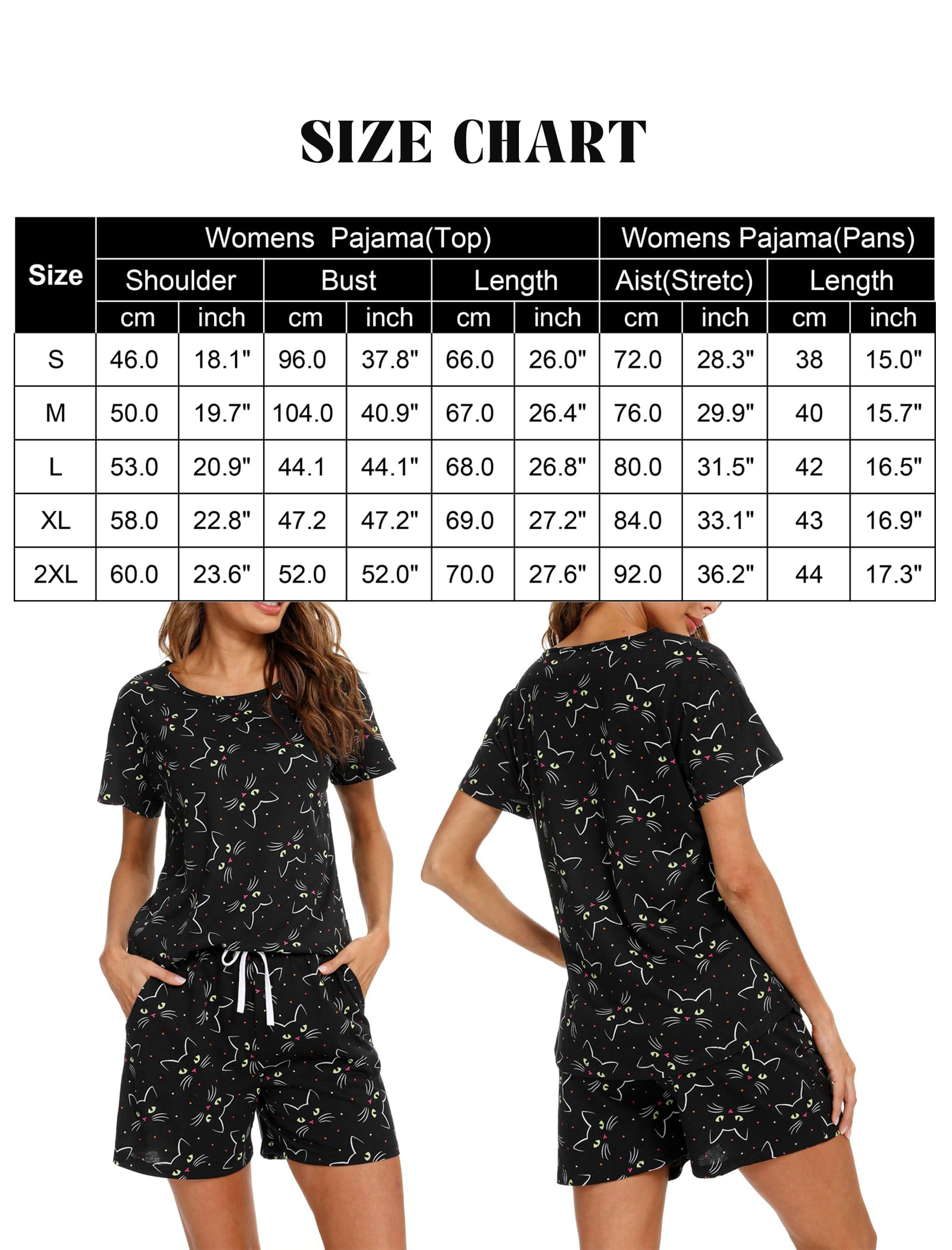 Pyjama Femme Ete Coton Manches Courtes Pyjama Short Femme Vêtements de Nuit avec Imprimé et Poches pour la Maison et Le Sommeil, S-XXXL