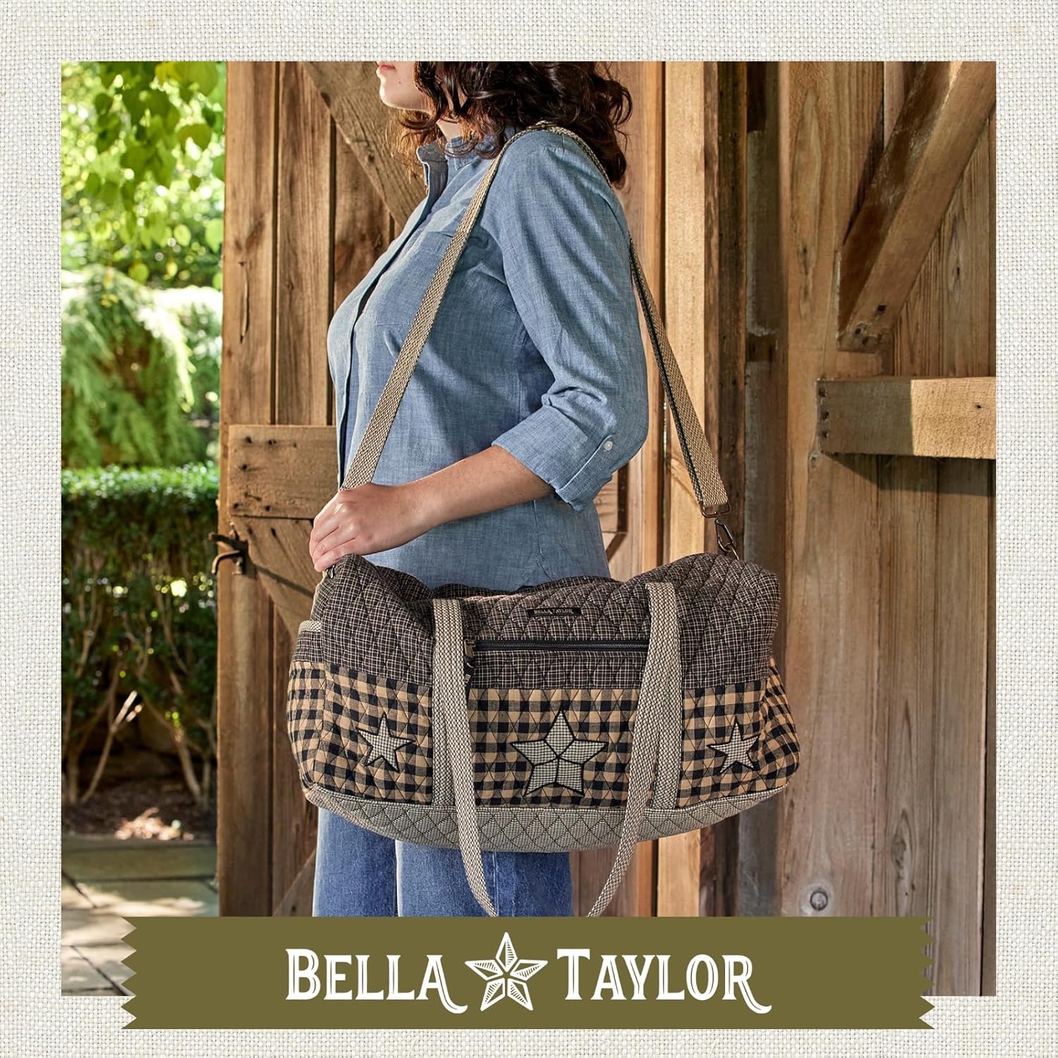 Bella Taylor Quilted Duffle Bag for Women, Large Carry On Travel Weekend Bag, Farmhouse Star Black and Tan Cotton Check - Image 2