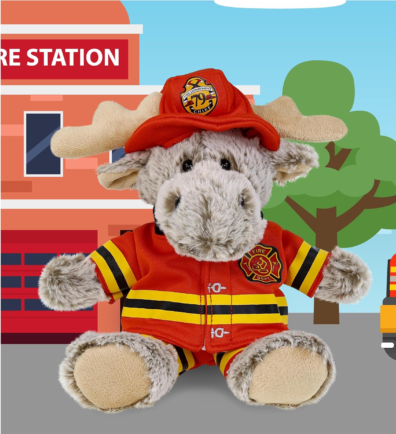 DolliBu Sitting Brown Moose Firefighter Stuffed Animal with Name Personalization - Super Soft Moose with Red Fireman Costume Outfit and Fireman Hat, Cute Fire Fighter Doll Plush Toy for Kids - 8 Inch