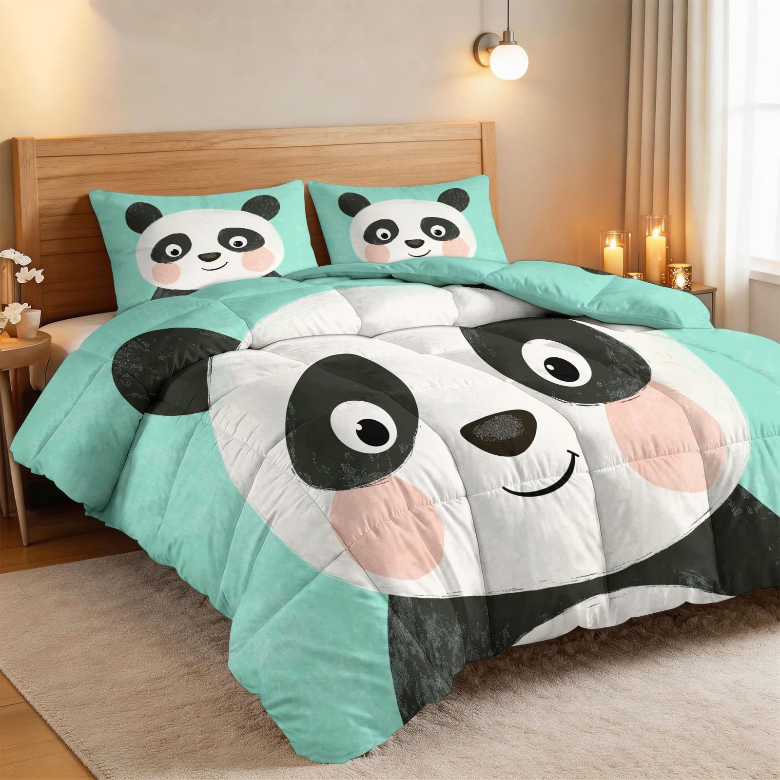 Cartoon Animal Panda kołdra bez poszewki, 155 x 220 cm, miękka minimalizm, pikowana kołdra dla dzieci i chłopców, lekka kołdra – nadaje się do prania, lodowa zieleń, całoroczna, nie wymaga prasowania