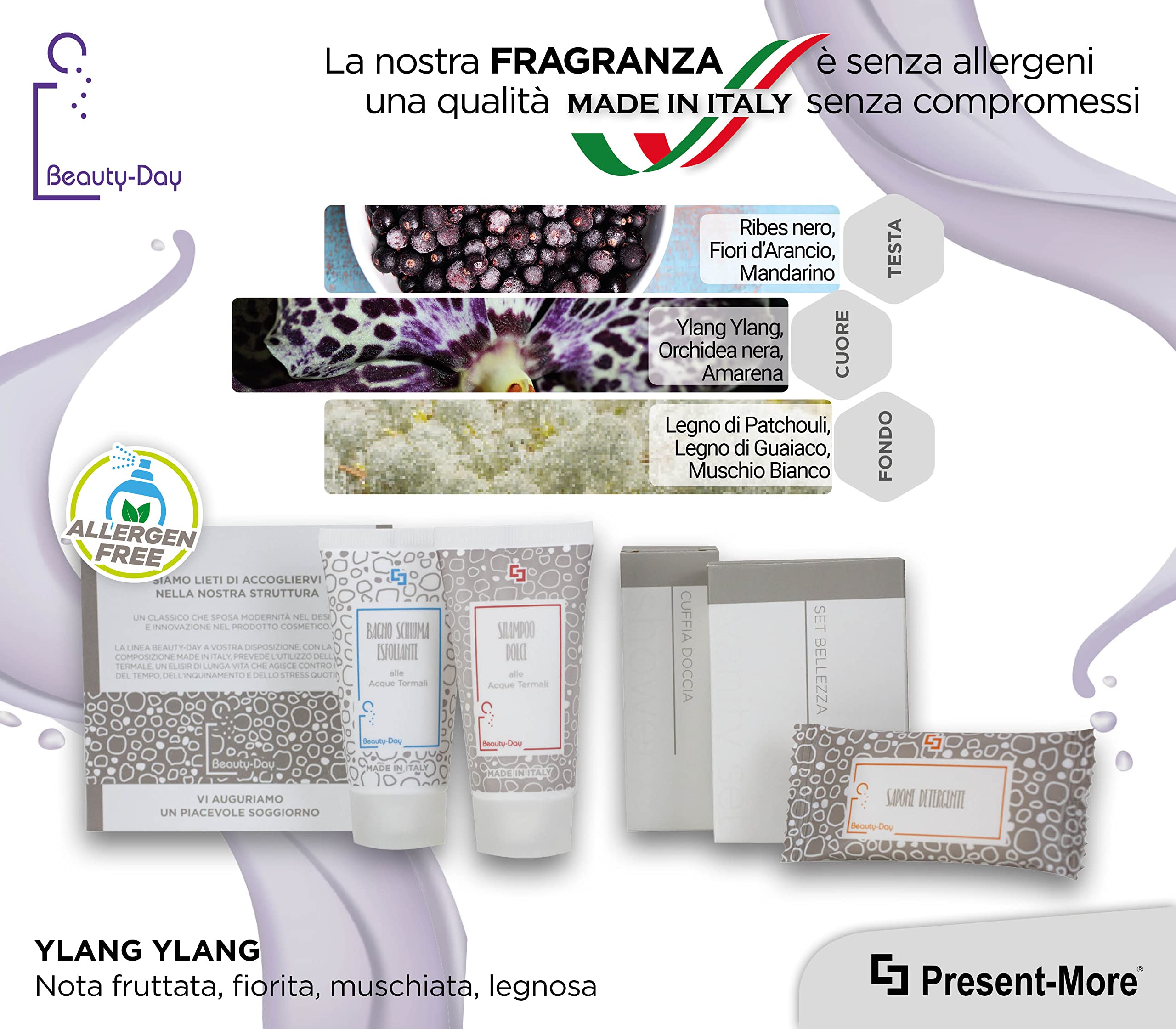 PRESENT-MORE - Set Cortesia 35 Ospiti Beauty-Day Italy | Fragranza Ylang Ylang - Shampoo, Gel Doccia, Sapone, Cuffia e Vanity - Made in Italy - Per Hotel e B&B