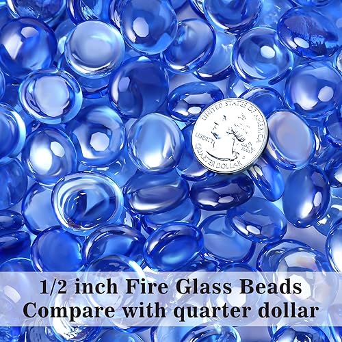 Miniatura 3 de GRISUN Vidrio para hoguera con brillo azul océano Pacífico de 12 pulgada, rocas de vidrio redondas de 10 libras para chimenea natural o propano,