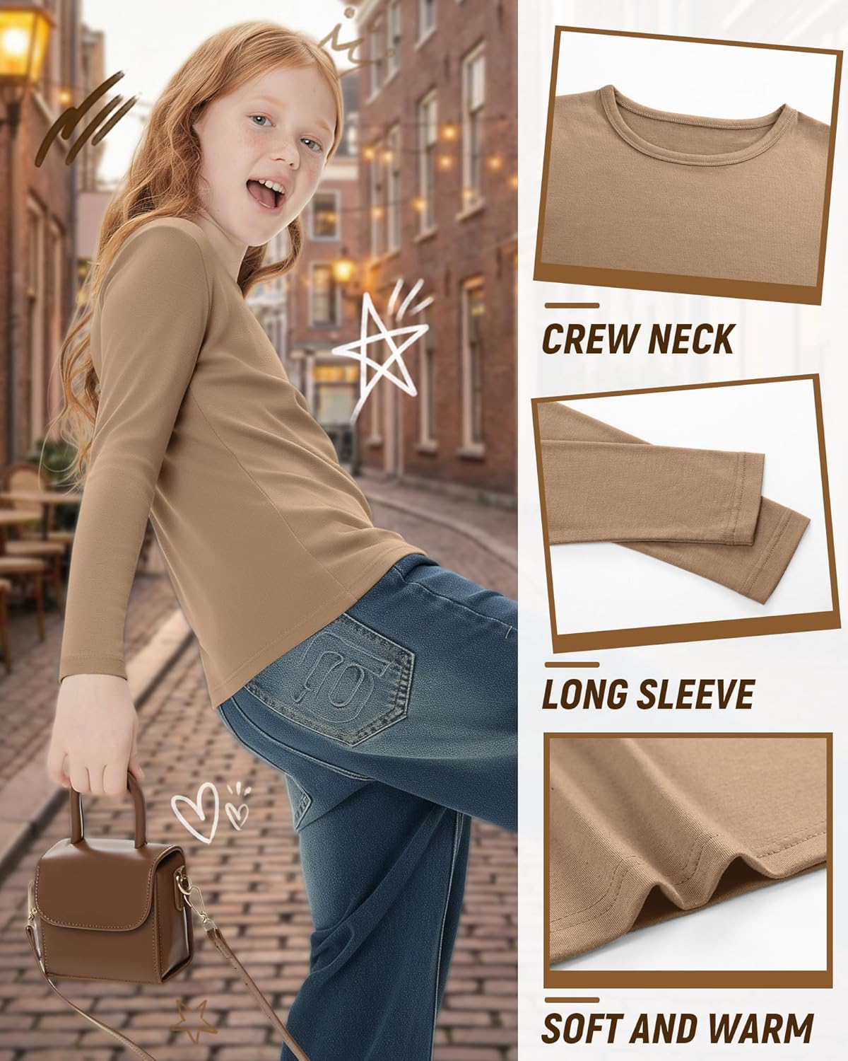 3 Pack Girls Long Sleeve Shirts Casual Crewneck T-Shirts Soft Layering Basic Tees Undershirts Fall Tops - Image 5