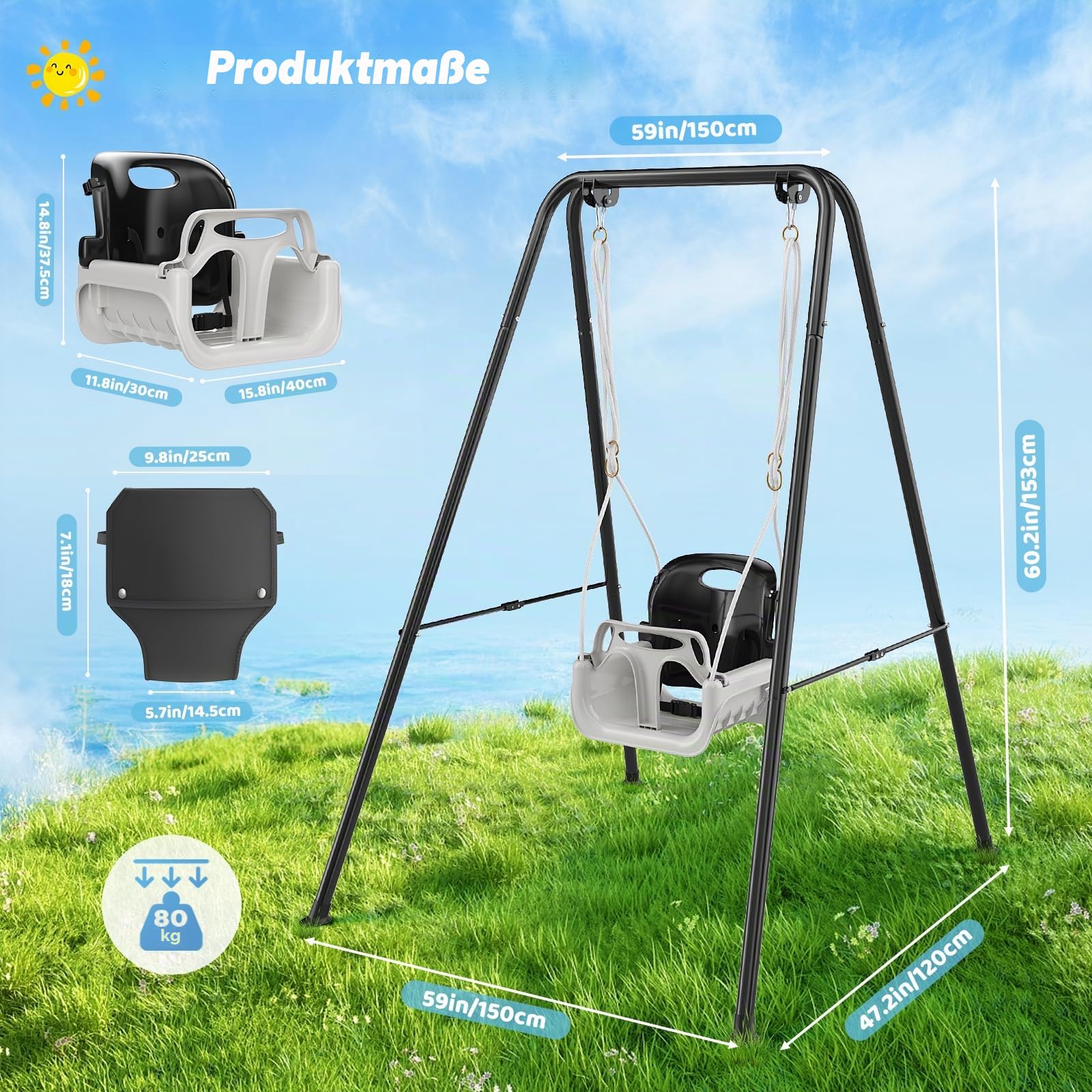 Babyschaukel mit Gestell 2-in-1, Kinderschaukel mit Metallständer Schaukelgestell, Sicherheitsgurt Schaukelsitz für drinnen und draußen Spielen (Schwarz)