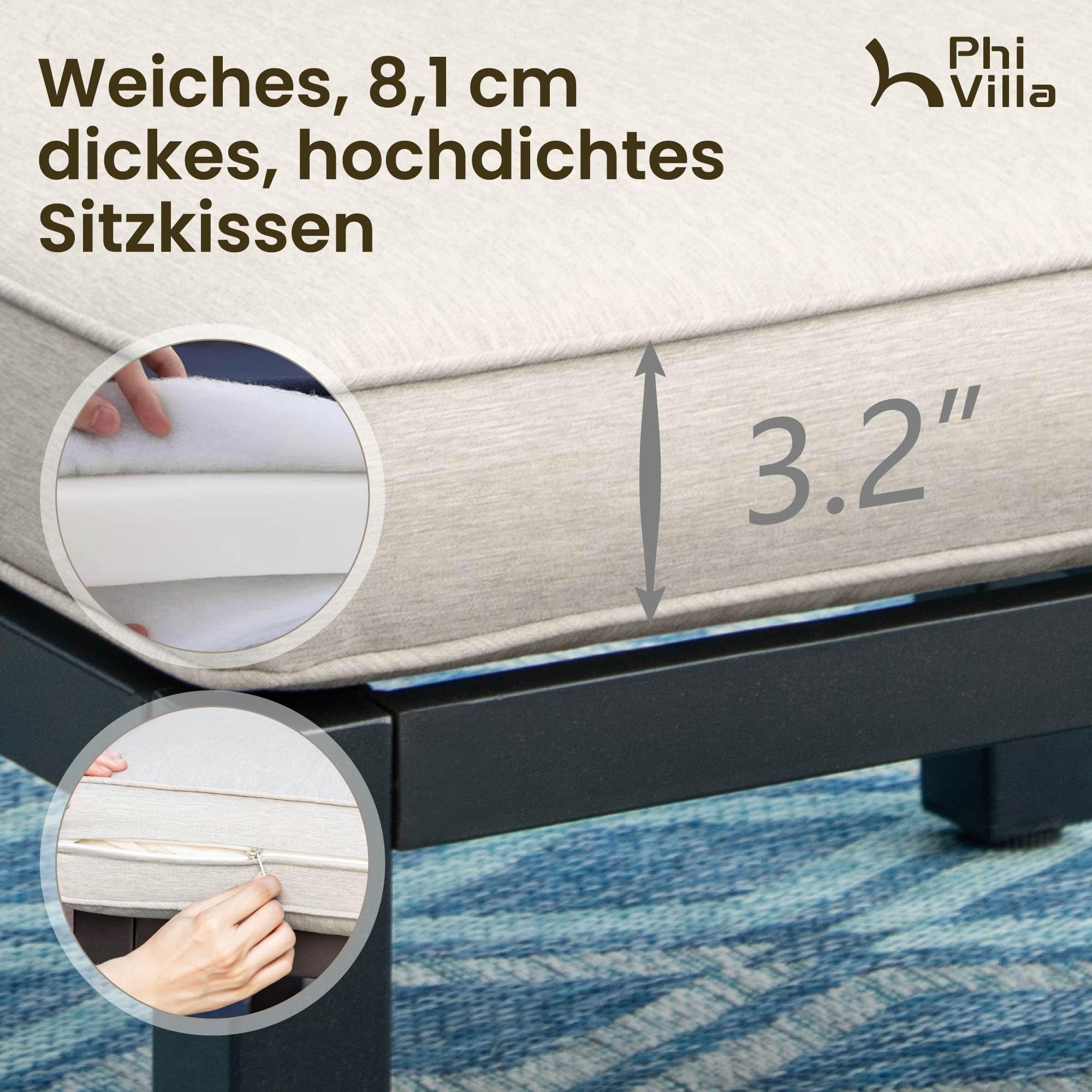 PHI VILLA Gartenmöbel Balkonmöbel Set 6 Teilig, Metall Lounge Möbel Outdoor Gartenlounge Set 6-Sitzer, Terrassenmöbel Modulare Möbel mit Verstärkten Kissen und Kaffeetisch, Beige