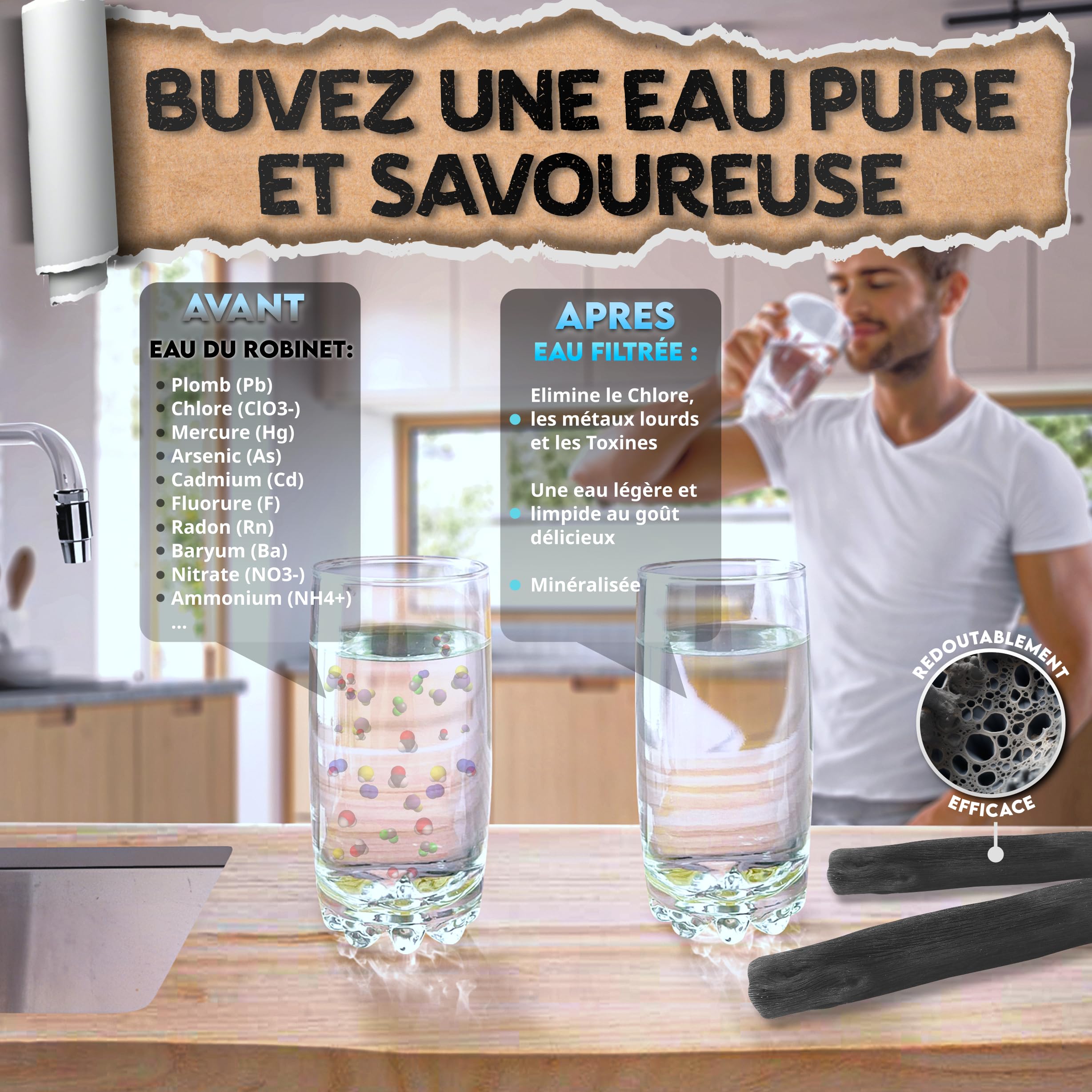 Baytiz- Bouteille d'eau spéciale Charbon Actif - pour Le Binchotan en