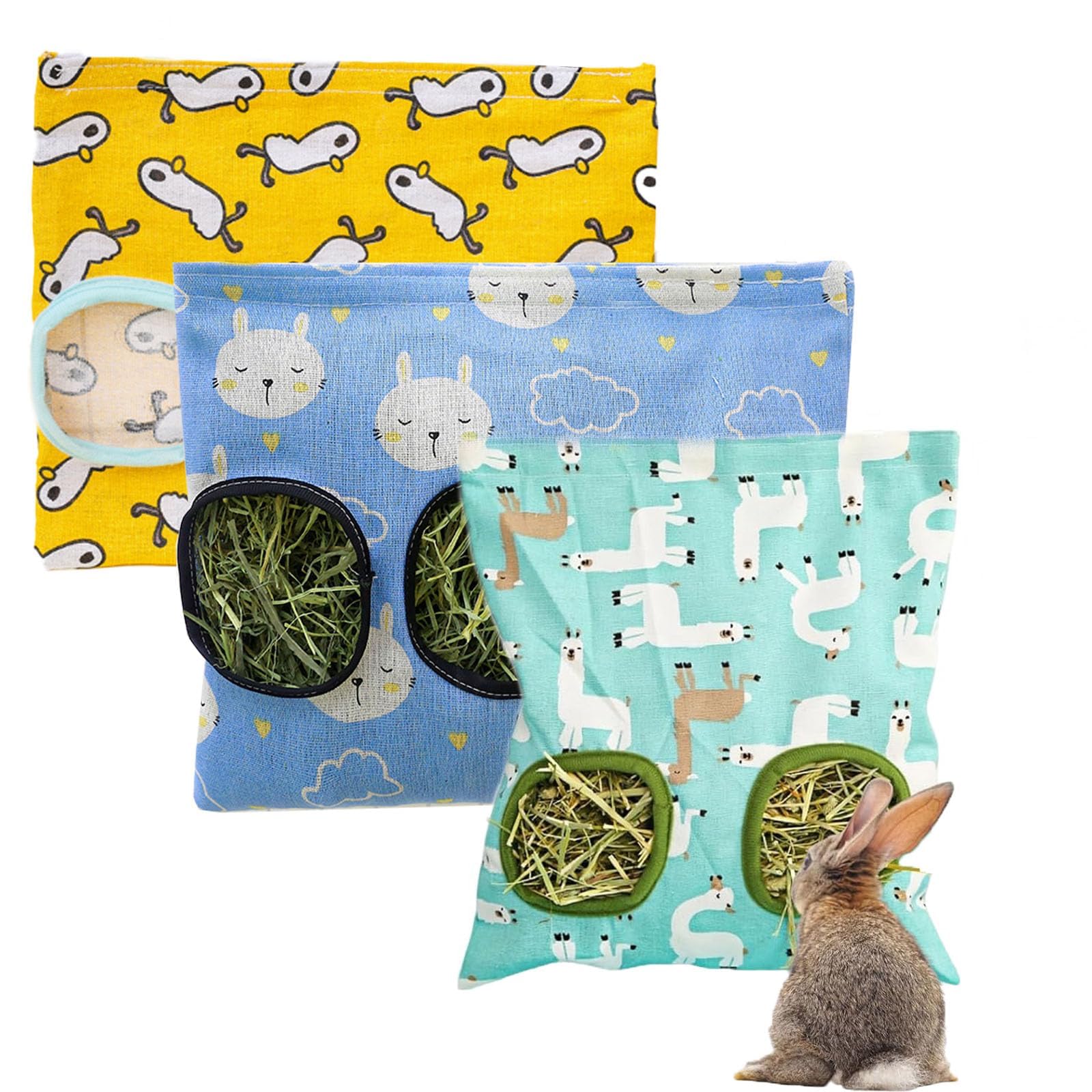 3-Pack Rabbit Hay Feeder, Rabbit Hay Feeder Bag Set, Hanging Guinea Pig Hay Bag and Bunny Hay Feeder Set for Pet Cage, Small Pet Cage Accessories with Hooks, Washable, Reduces Hay Waste