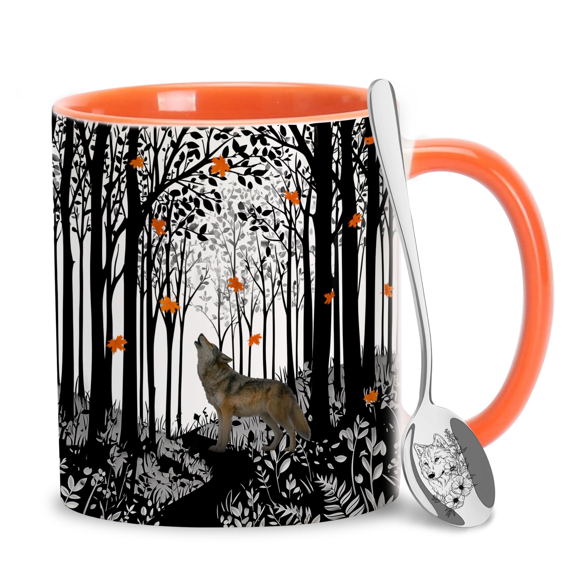 Fall Howling Wolf Coffee Mug with Spoon Gift on Birthday Christmas