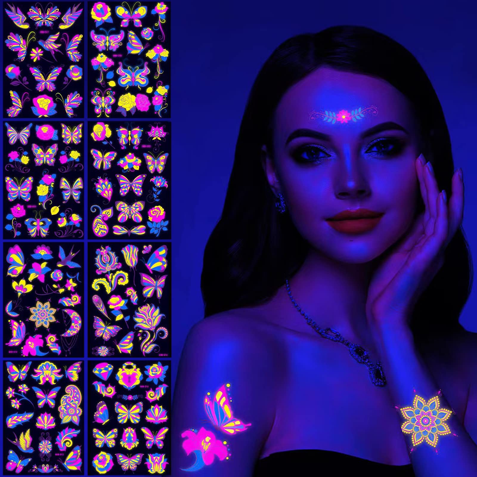 Neon Temporary Tattoos 8 Large Sheets Butterfly Flower Swallow Glitter Tattoos Stickers 100+Mixed Style New Cute Animal Glow In The UV Neon Flash Fake Tattoos for Women Girls Body Artos for Women Girls Body Art