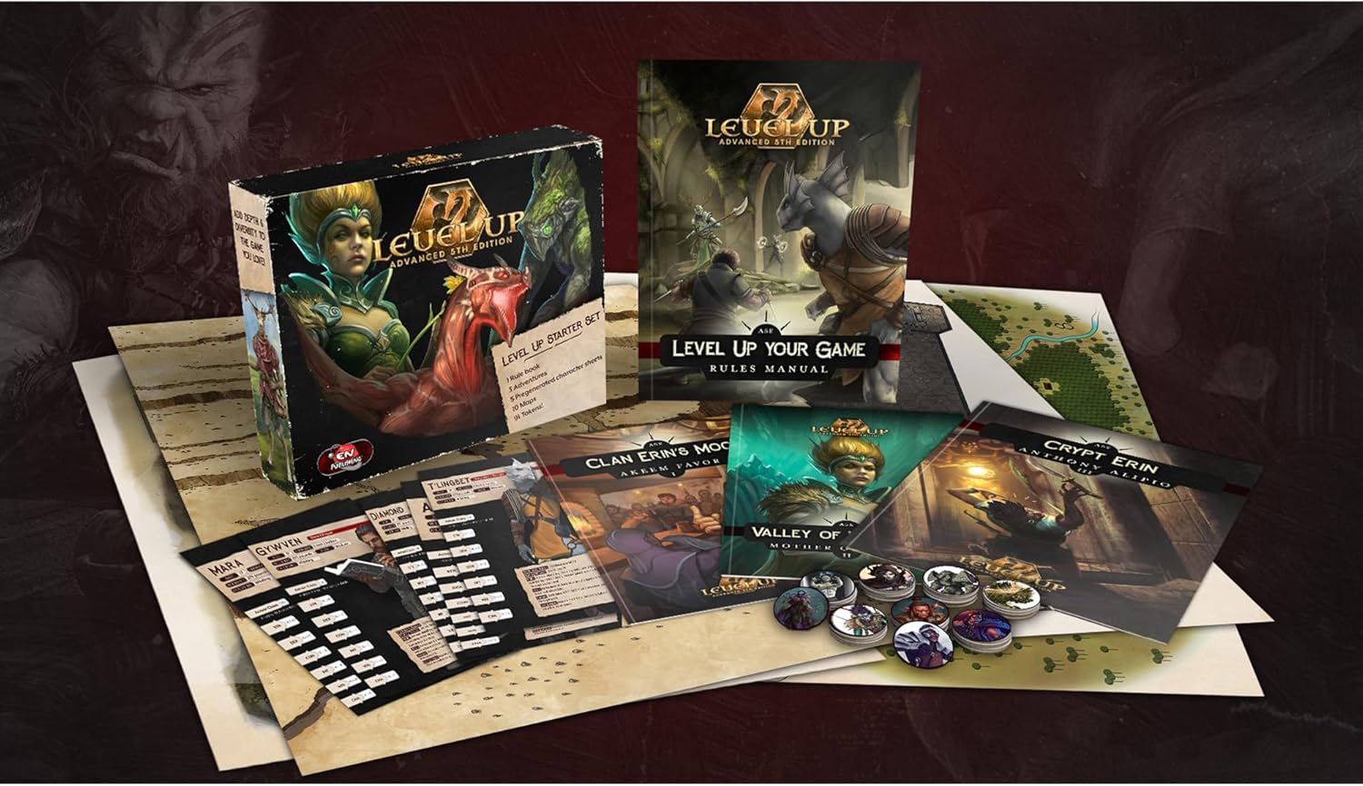 Modiphius Entertainment: Level Up (Advanced 5th Edition): Starter Box - Tabletop Role Playing Game, All-in-One Kit Includes RPG Book, M aps & Tokens