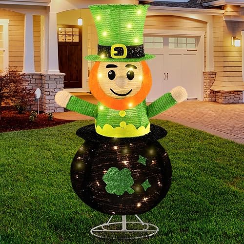 CiyvoLyeen Decoración del Día de San Patricio para el patio, maceta de duende dorada con luces integradas, decoración navideña plegable para