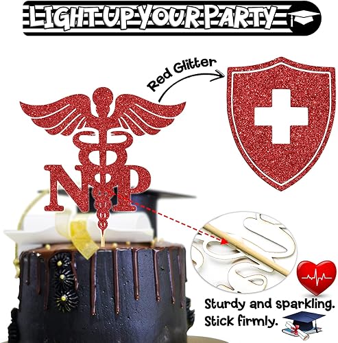 Miniatura 3 de Decoración para tartas NP con purpurina roja felicitaciones enfermerasNP clase de 2023enfermeras practicantes decoraciones para fiestas de