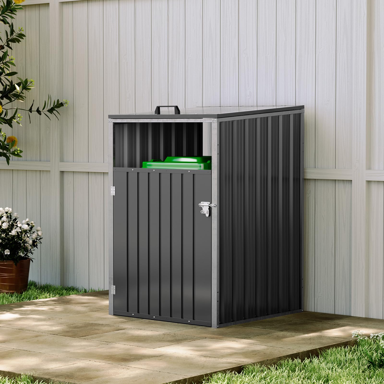 Warmiehomy Wheelie Bin Storage Single Bin Storage for Wheelie Bins Galvanized Steel Outdoor Garbage Can Store with Locking Door Wheeled Bins Hideaways with Lifting Lids,Charcoal Black