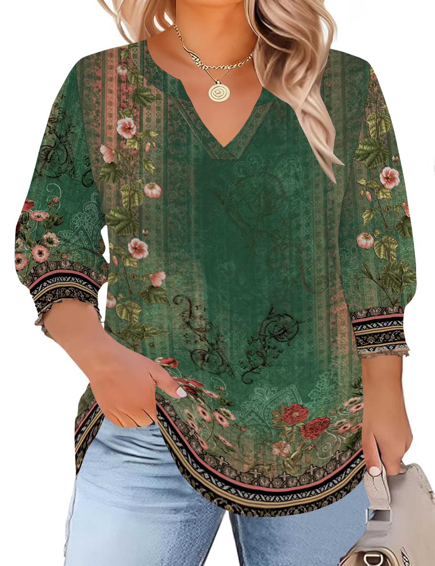 TFSDOD Womens Plus Size Tops 3 4 Sleeve Blouses Summer V Neck Shirts Smocked Cuffs Spring Outfits 1X-5X