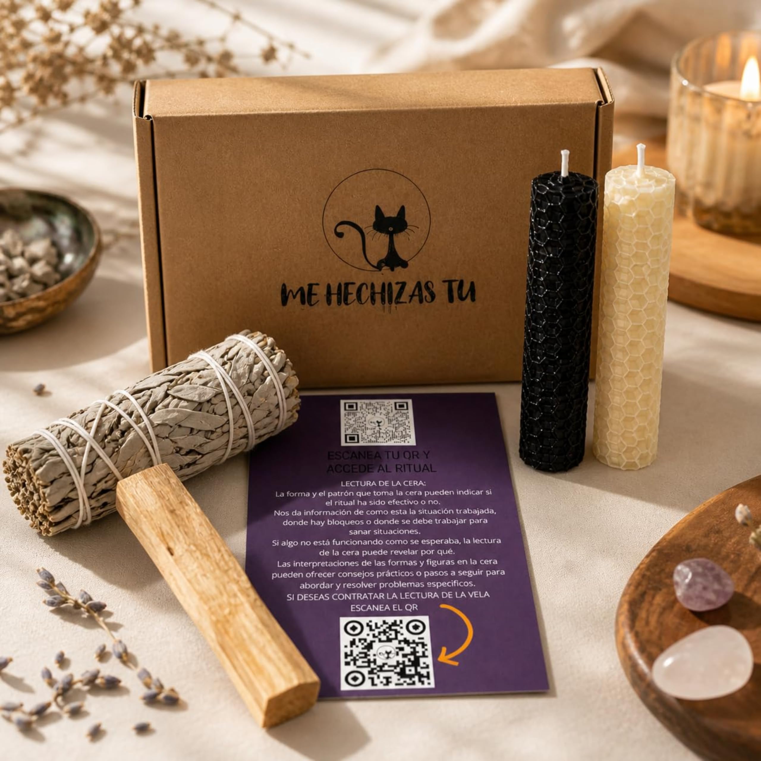 Kit Limpieza Energética Salvia Blanca Palo Santo 2 Velas Miel Purificación Hogar