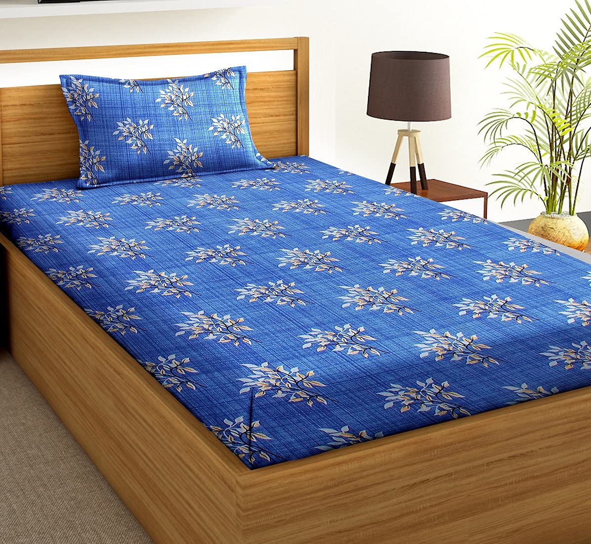 BSB HOME® 3D Printed 144 Tc Microfiber Bedsheet for Single Bed (90X60) with 1 King Size Pillow Covers (20X30) Inches (Blue and White)