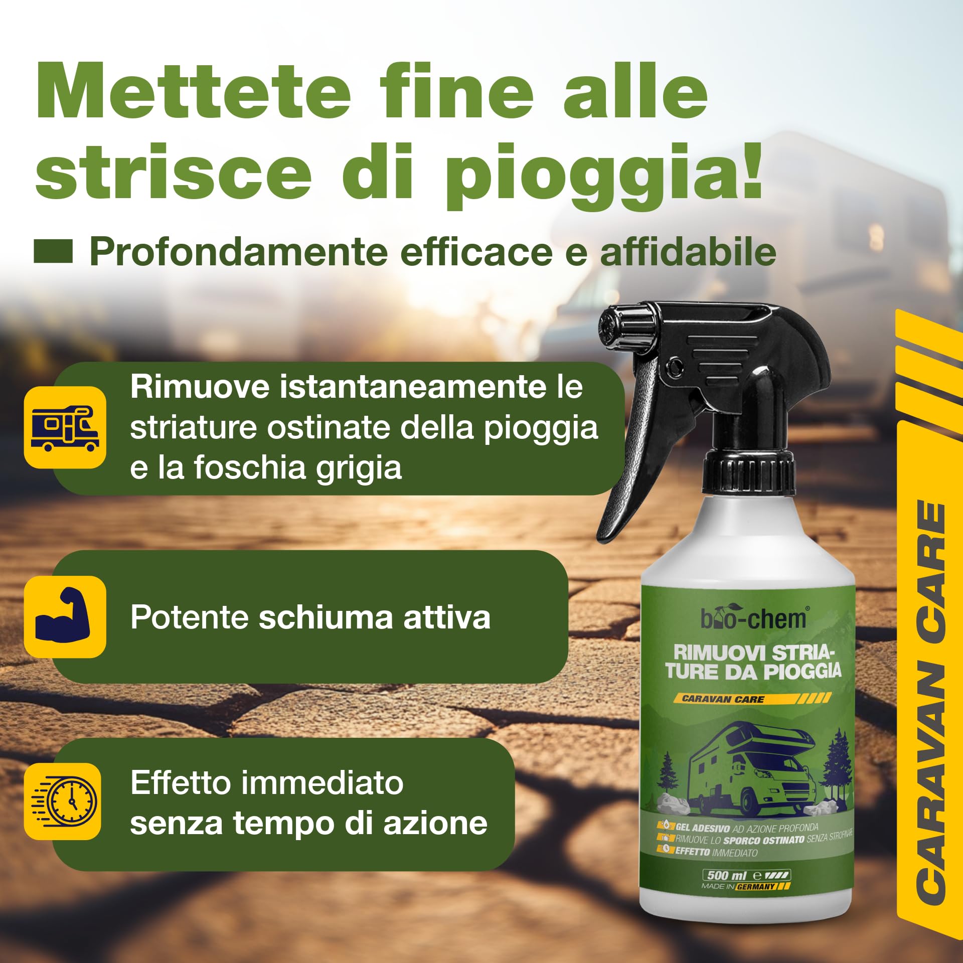bio-chem - Rimuovi Macchie di Pioggia per Parabrezza e finestrini di Camper, Caravan e Auto 0,5L + Guanto di Lavaggio in Microfibra- Prodotto per vetri Ideale per Le vostre Vacanze in Camper