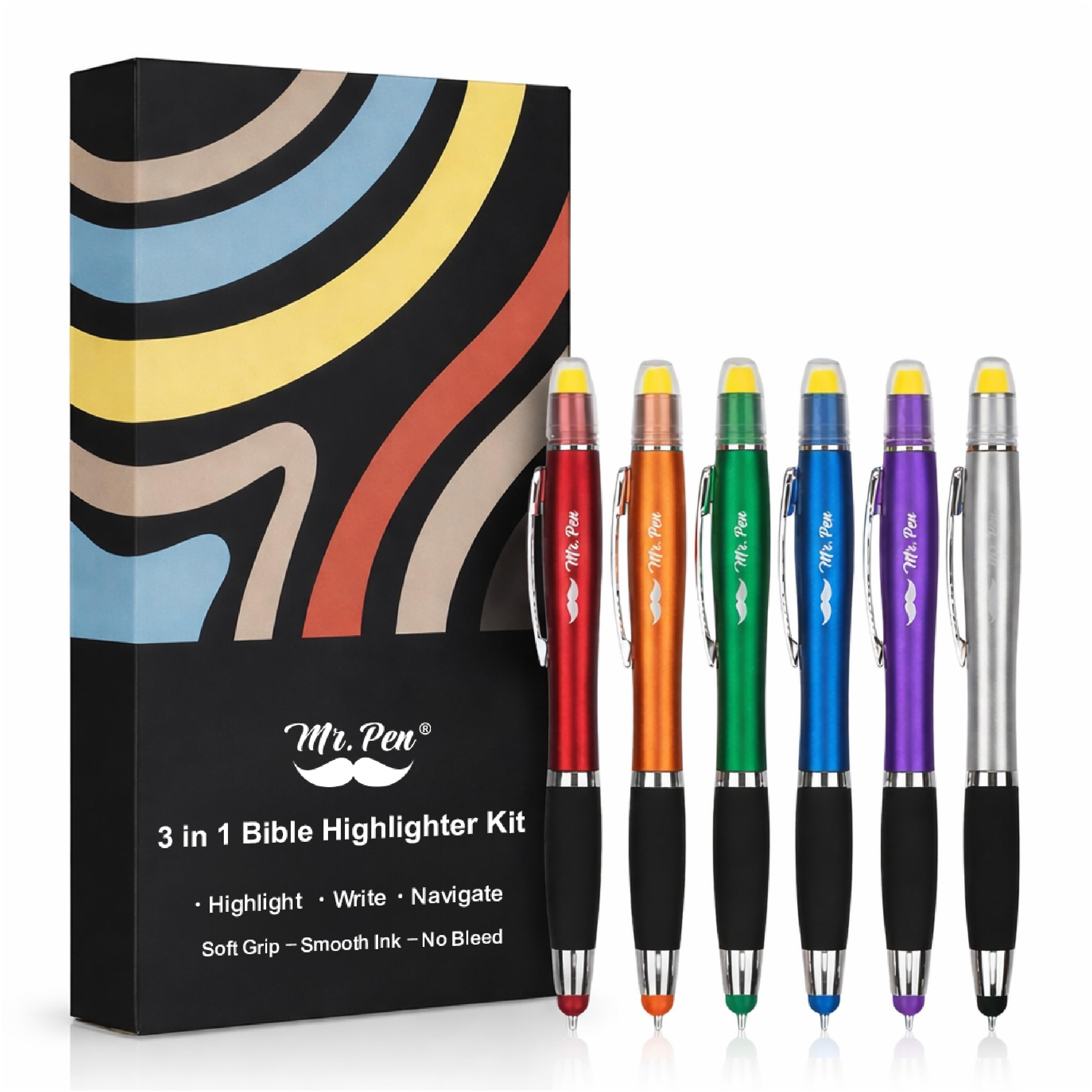 Mr. Pen- Bible Highlighter with Pen and Stylus for Touchscreens, 3 in 1 | 6 Pack, Colorful Barrels, Black Ink Ballpoint Ink Pens, Yellow Wax Gel Highlighters