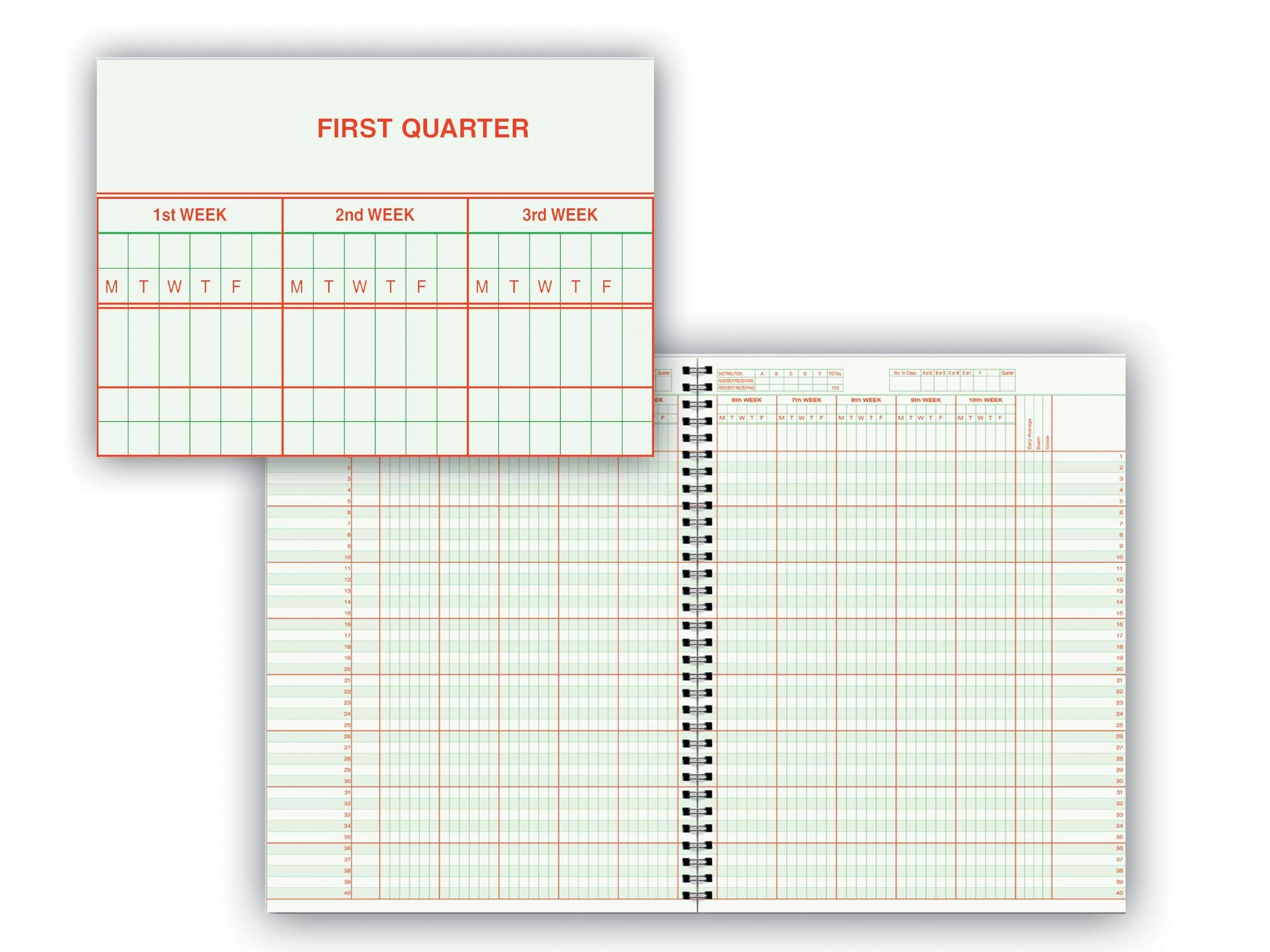 0633 H Class Record Book - Hard Red Cover, 8-1/2 X 11 Inches, 40 Students, 8 Subjects, 9/10 Week, Green/Red