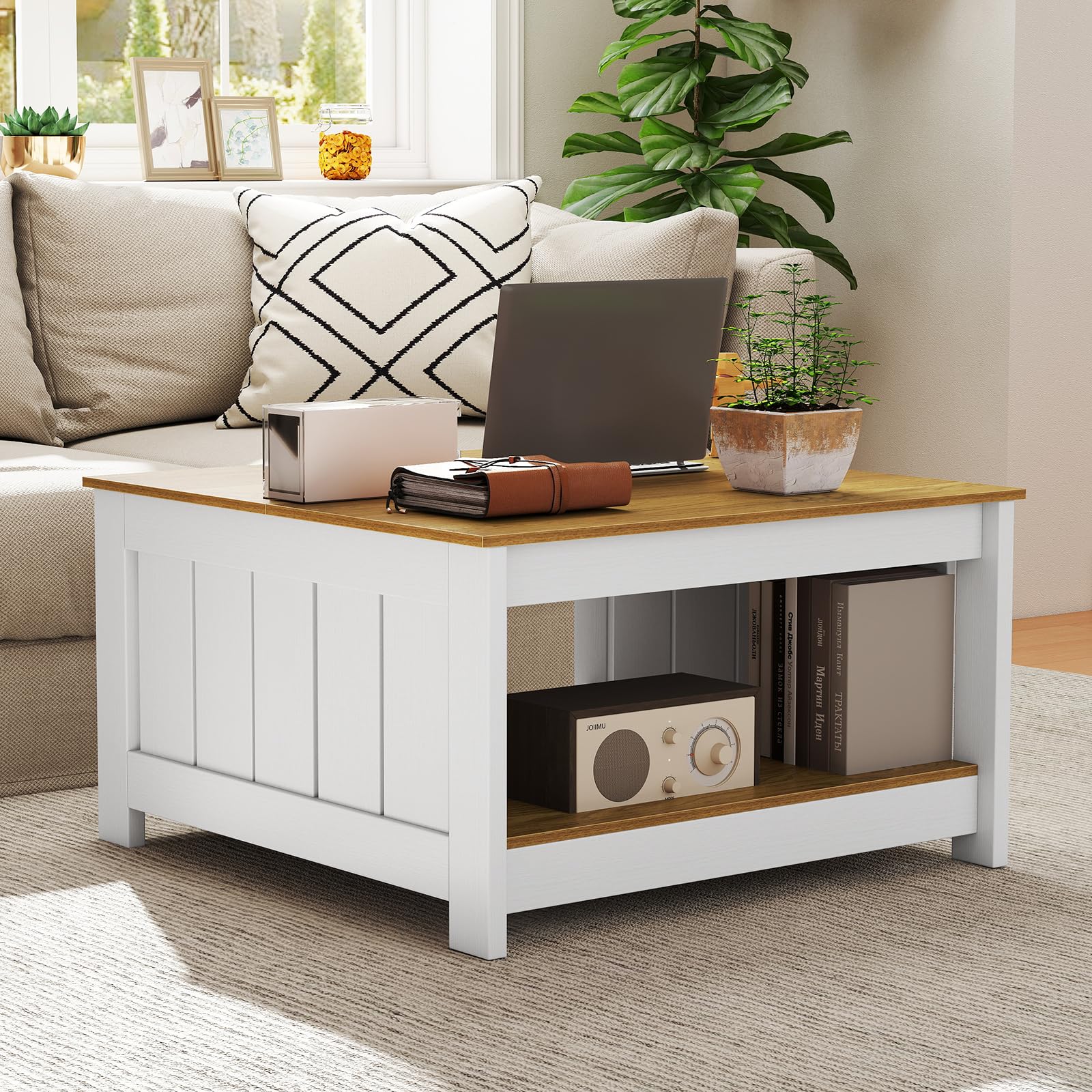 COSTWAY Mesa de Centro, Mesa de Cóctel Cuadrada con Estante de Almacenamiento, Mesita Rústica de Granja, Mueble de Salon, 80 x 80 x 45 cm