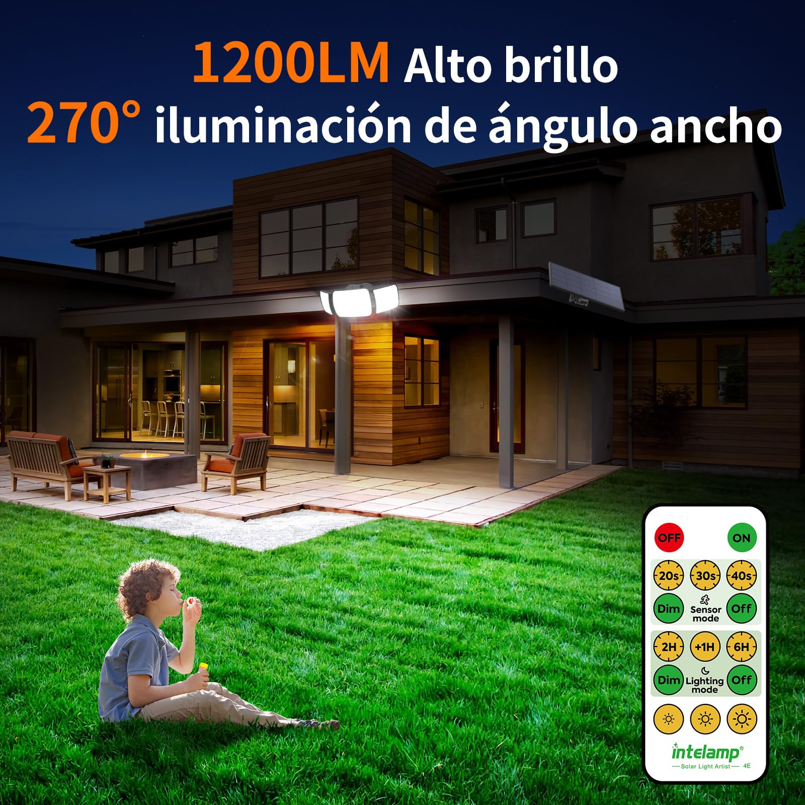 intelamp Focos Exterior Solares, 6000mAh Doble Sensor 270°Iluminación Sensor de Movimiento, 6500K, IP65 Luz Solar Exterior Jardin Lampara Solar con Mando a Distancia para Jardín, Garajes, 4 Modes