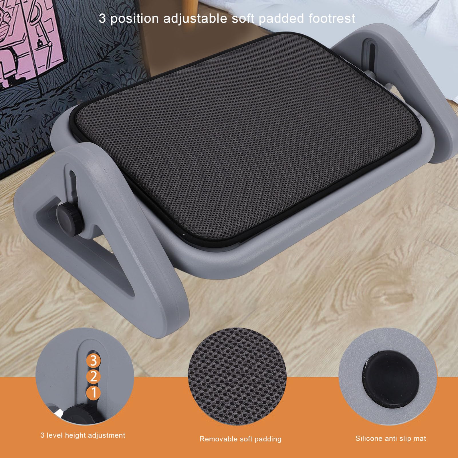 Asixxsix Poggiapiedi, Poggiapiedi Regolabile in Plastica per Sotto la Scrivania Al Lavoro, Pannello Grande con Base Antiscivolo, Ergonomico per Ufficio e Casa