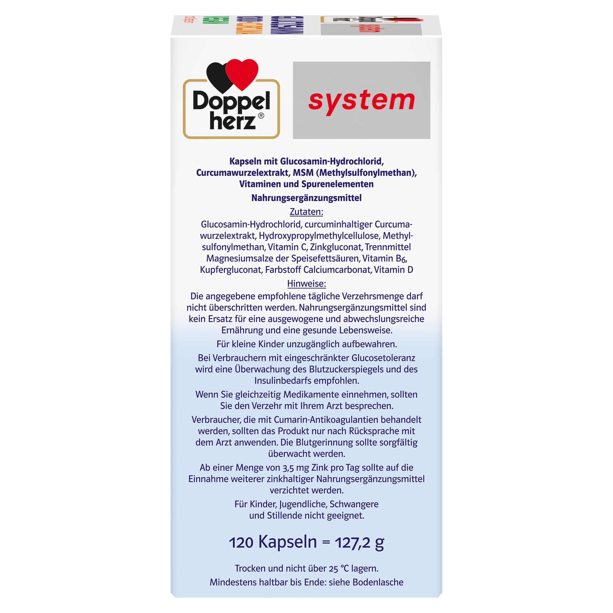 Doppelherz system GLUCOSAMIN 1000 + CURCUMA VEGAN – Vitamin C trägt zur normalen Kollagenbildung für die normale Knorpel- und Knochenfunktion bei – 120 Kapseln