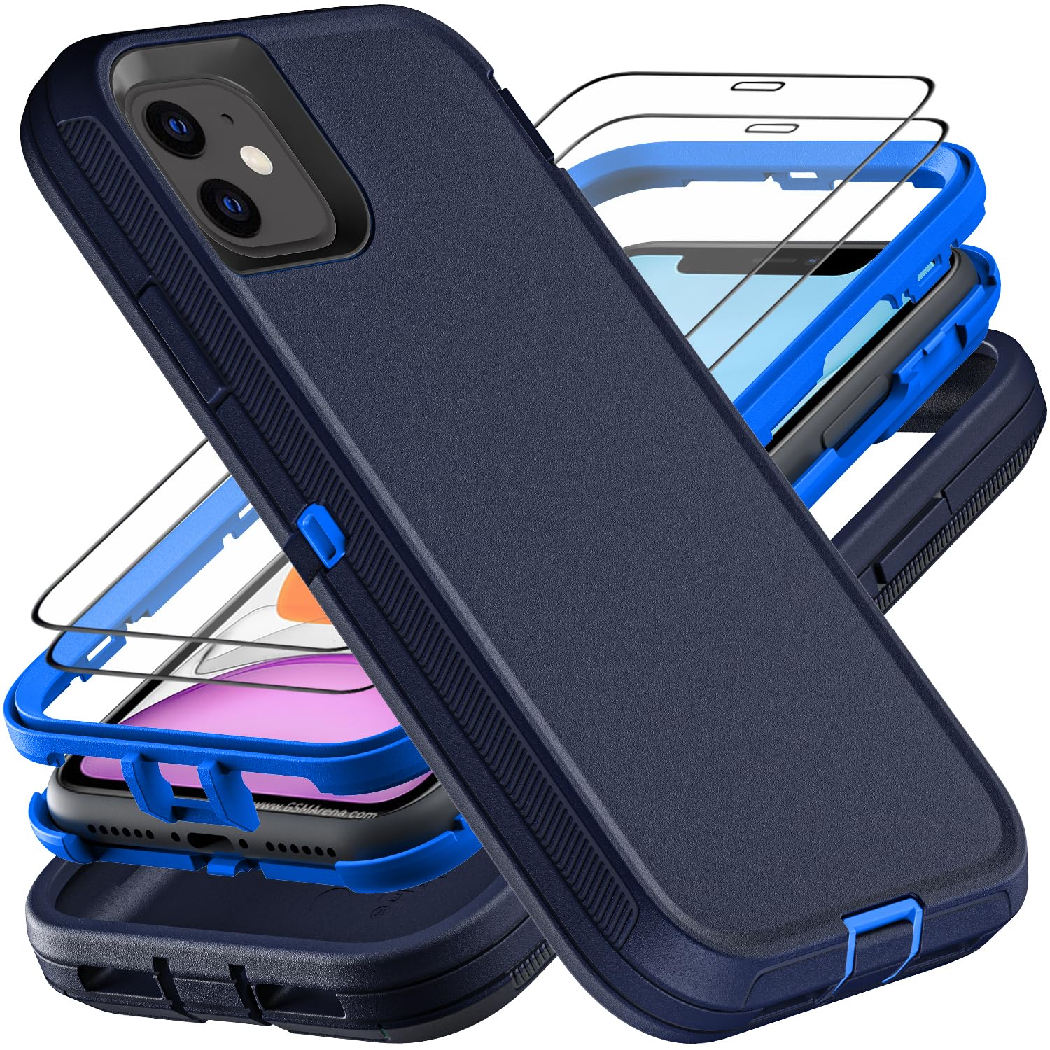 for iPhone 11 Case, Military Grade 3 in 1 Heavy Duty Shockproof/Drop Proof/Dust Proof Case with 2Pcs Tempered Glass Screen Protector (Navy Blue)