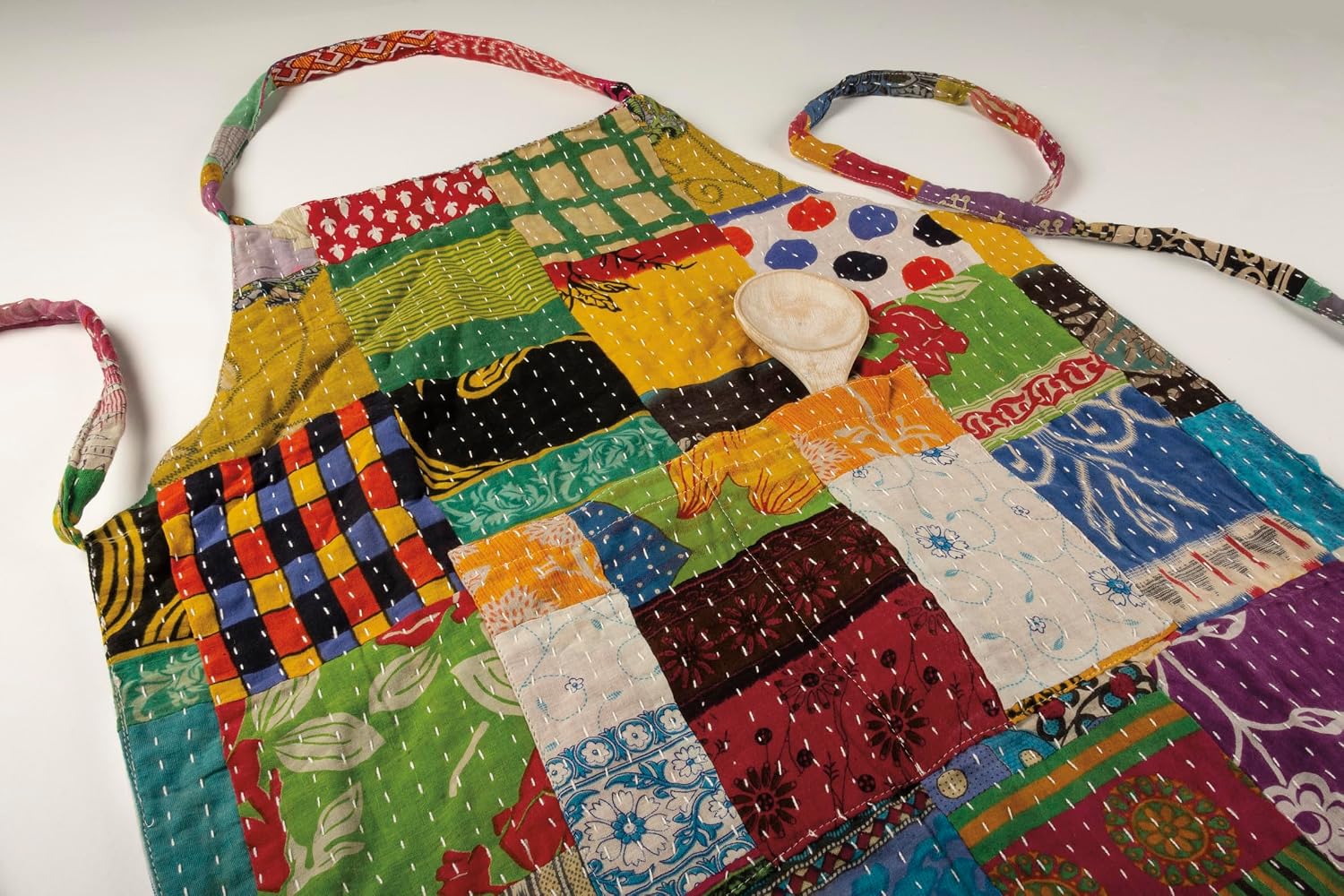 Primitives by Kathy Reversible Kantha Apron - Authentic Recycled Sari Cotton, Hand Stitched by India Artisans, each is Unique - Adjustable Neck & Waist, large pocket on both sides