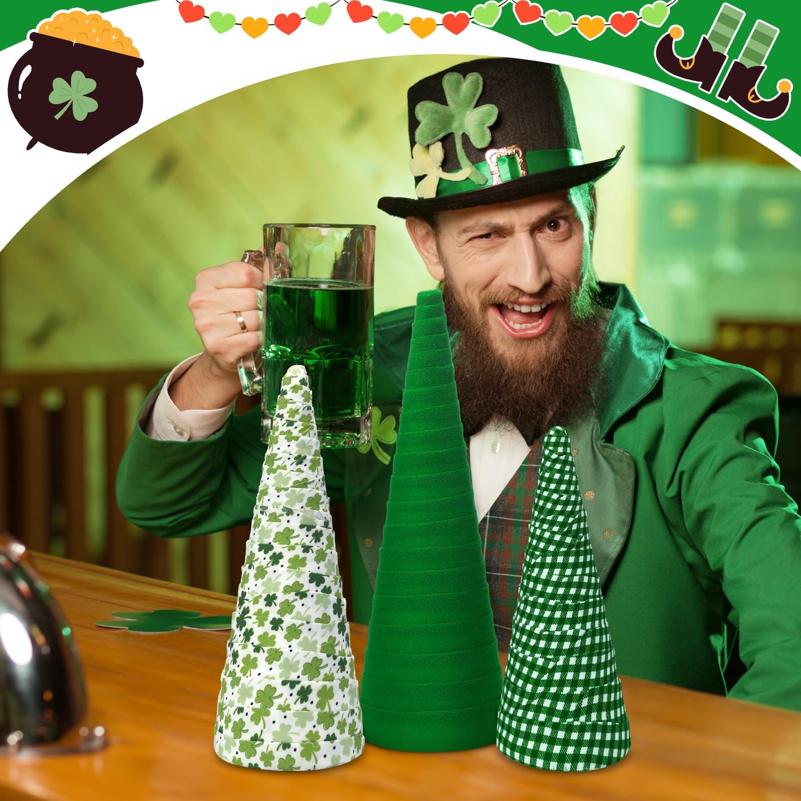 Ceenna 3 Pcs St. Patrick's Day Cone Trees Green Velvet Cone Tree Shamrock Cone Tree St. Patrick's Day Tree Decorations Handmade Home Table Centerpiece Decor for Irish Holiday Party Decoration