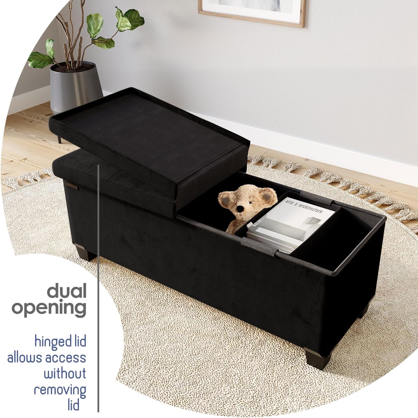 Storage Ottoman Bench with Bins, 43-in Storage Bench for Bedroom End of Bed, Folding Foot Rest Ottoman for Living Room Max 660lbs, Faux Leather Ottomans, Black - Image 8