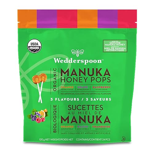 Wedderspoon Organic Manuka Honey Lollipops with Vitamin C, Variety Pack, 24 Count (120g) No Artificial Flavors or Dye, Feel Better Lollipop for Kids and Grown-ups