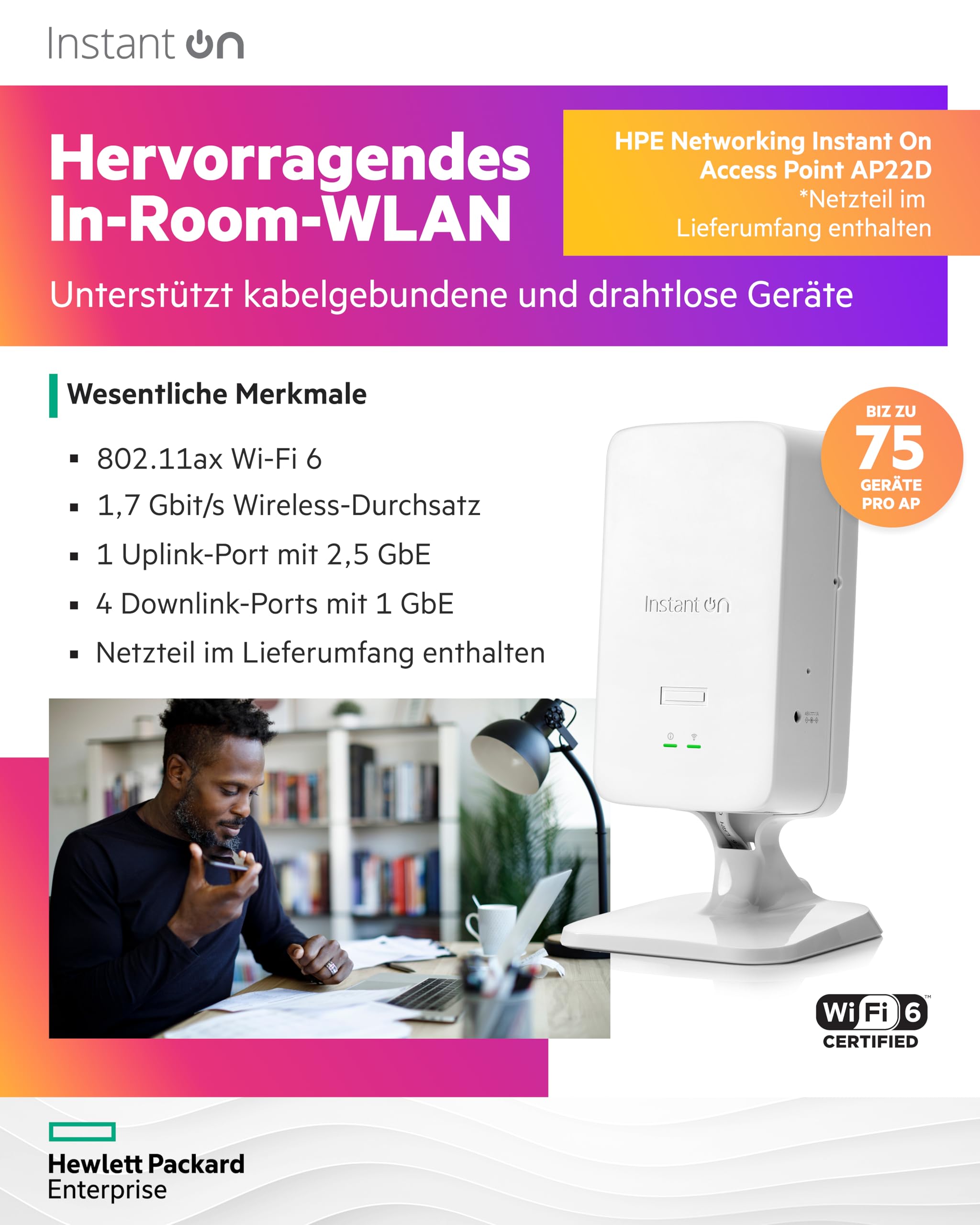 HPE Networking Instant On Access Point AP22D 2x2 Wi-Fi 6 für Innenbereich | Netzteil im Lieferumfang enthalten | EU-Modell (S0J33A)