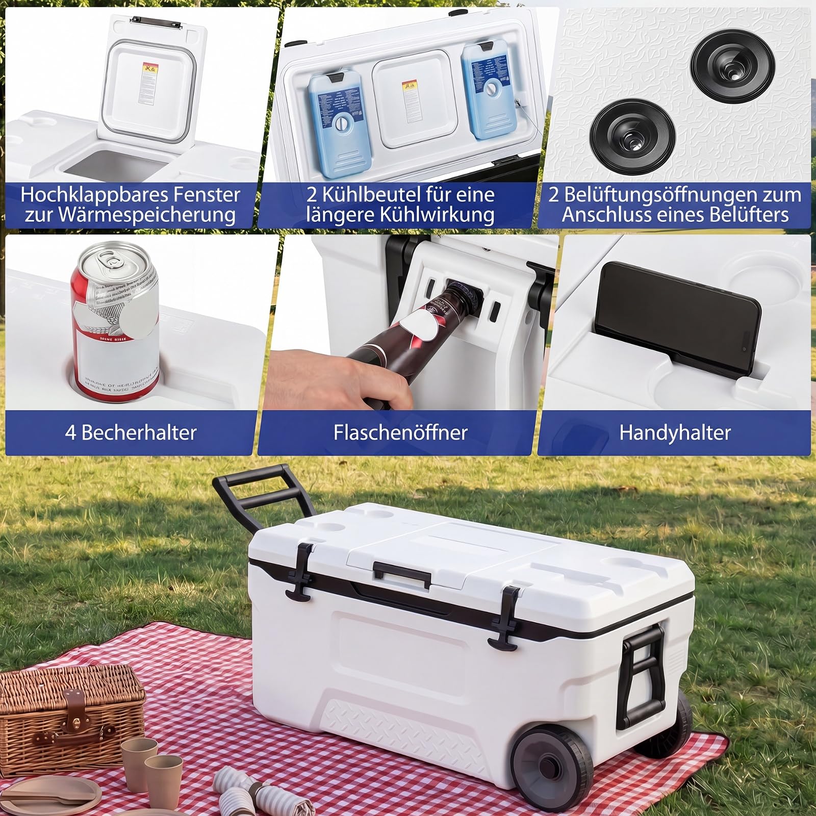 COSTWAY Kühlbox, Große Thermobox aus Kunststoff mit Rollen & Griff, Isolierbox mit Ablaufstopfen, Getränkehalter & Sicherheitsverschluss, tragbarer Kühlschrank für Camping & Picknick