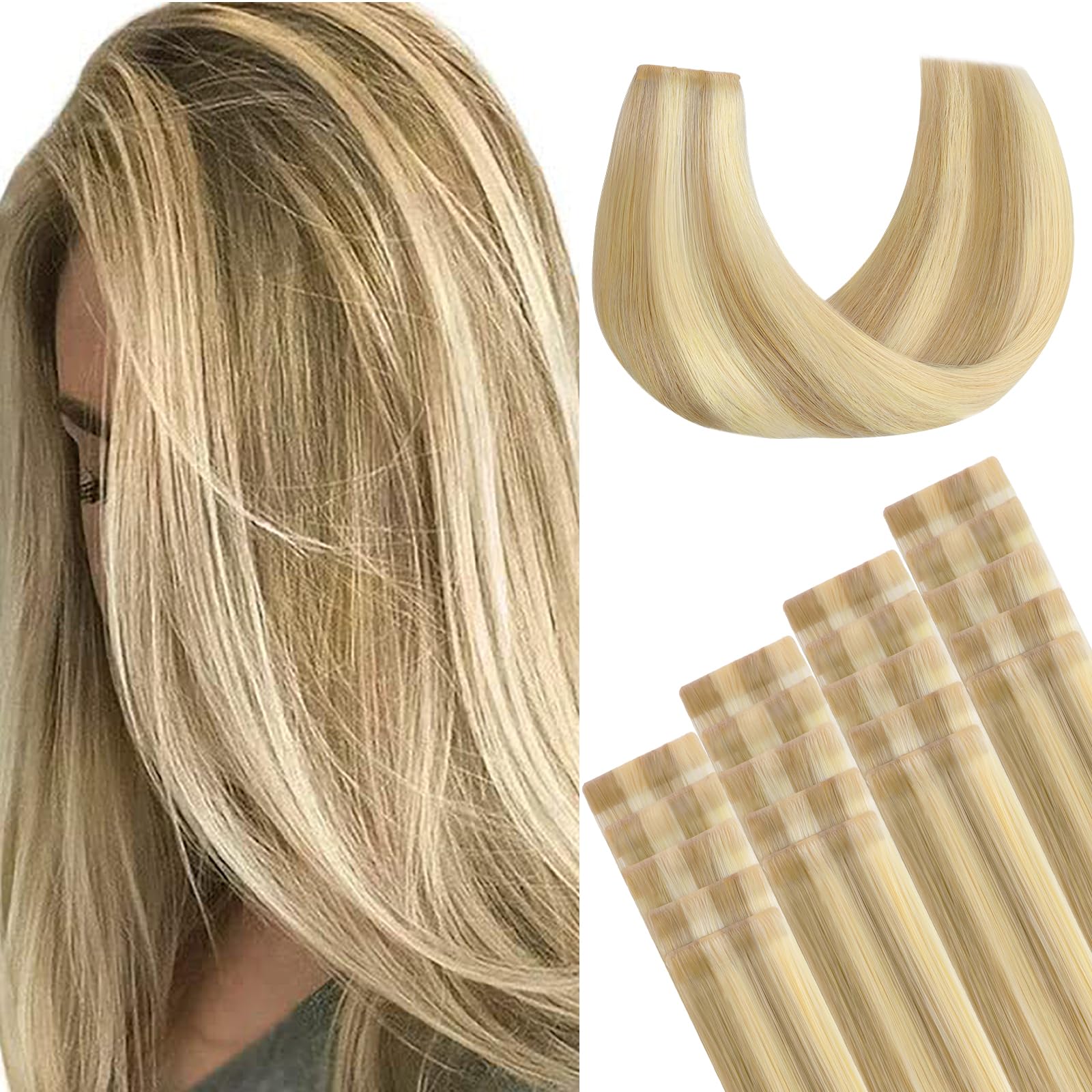 Photo 1 of GOO GOO Invisi Edge Tape in Hair Extensions Human Hair, 16/22 Light Blonde Highlighted Golden Blonde 20pcs 20inch 50g, Virgin Remy Hair, Seamless Injected Tape, Natural Look