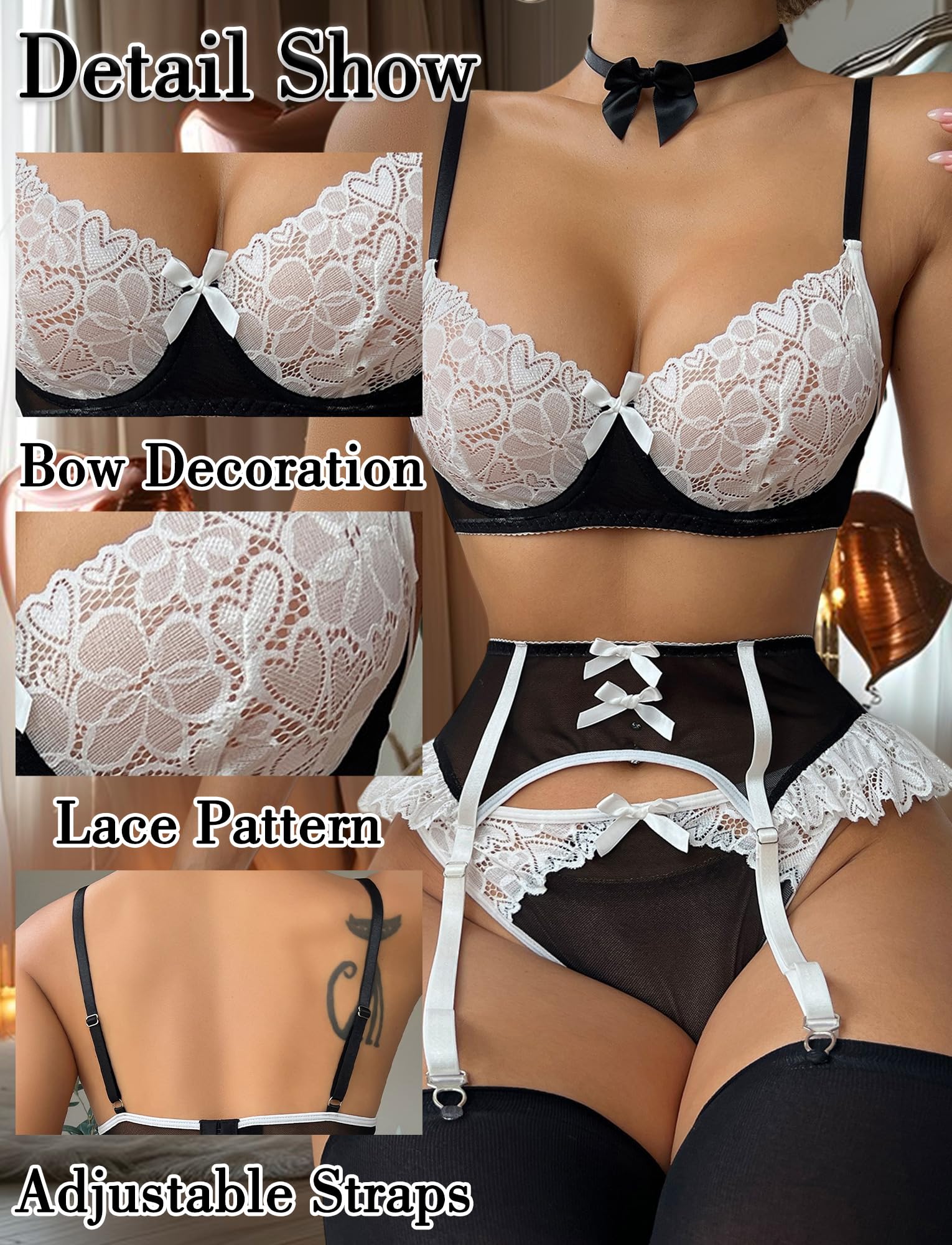 Aivtalk Women's 3 Piece Maid Lace Colorblock Underwire Costume Lingerie Set: Large D