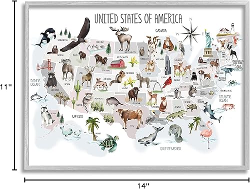 Miniatura 9 de Stupell Industries United States of America - Figura decorativa con diseño de mapa de animales para niños, diseño de Studio Q Gray (11.0 x 13.8in),