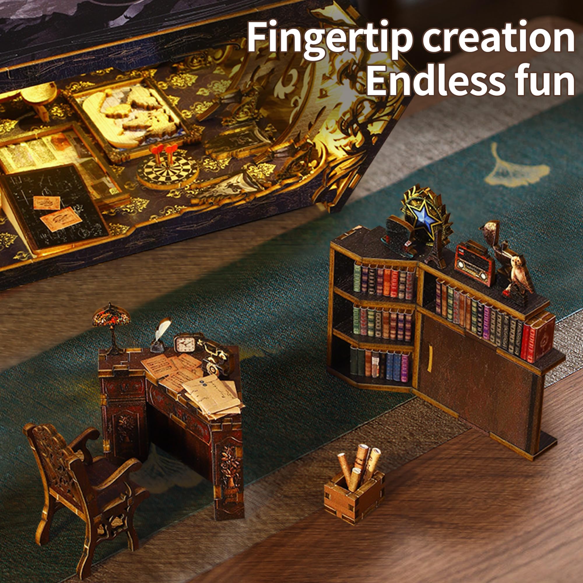 DIY Book Nook Kit per Casa Delle Bambole Fai da Te in Miniatura Kit di Costruzione di Modellini con Mobili e Luce LED in Legno Book Scaffale Inserto Decorazione Regalo Creativo per Adolescent