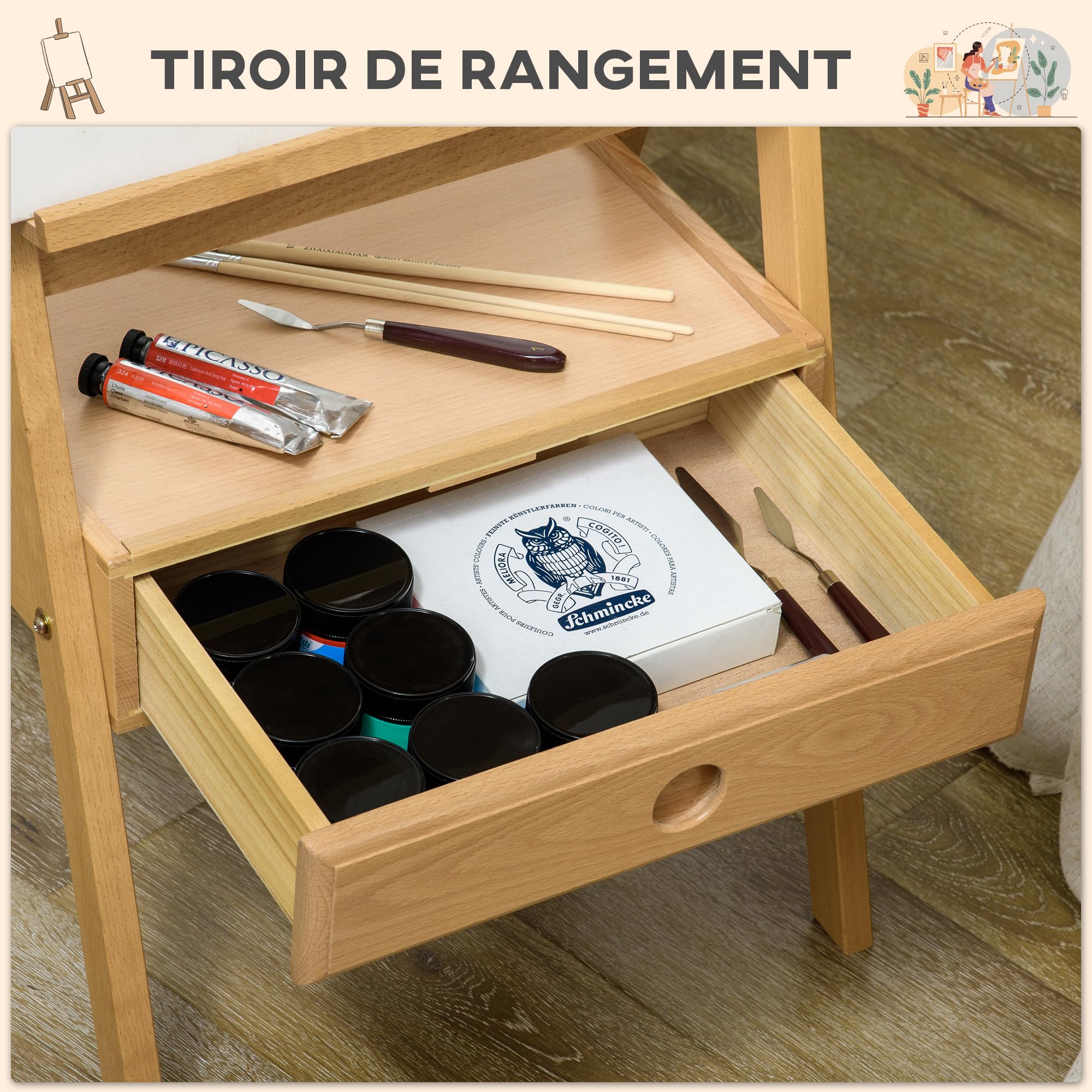 Vinsetto Chevalet en bois sur pied Chevalet d'Artiste Tiroir 92 cm Naturel
