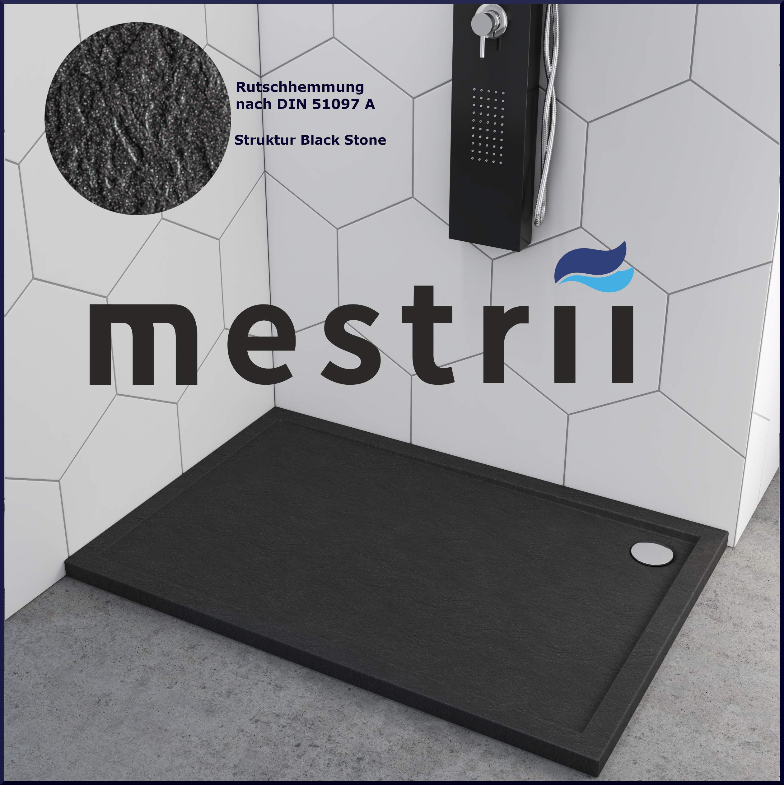 Sellon24® Plato de ducha negro piedra cuadrado rectangular cuarto círculo plato ducha efecto piedra negra (90 x 100 x 4,5)