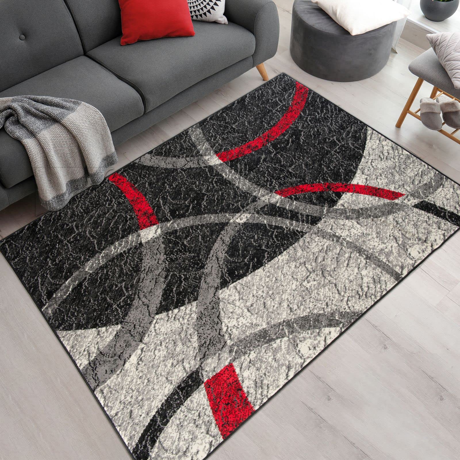 Mazovia Alfombra Moderno - Diseño Moderno de Salón Grande - Pelo Corto - Alfombras de Habitación de Matrimonio, Dormitorio y Comedor - Gris Rojo - 250x300 cm