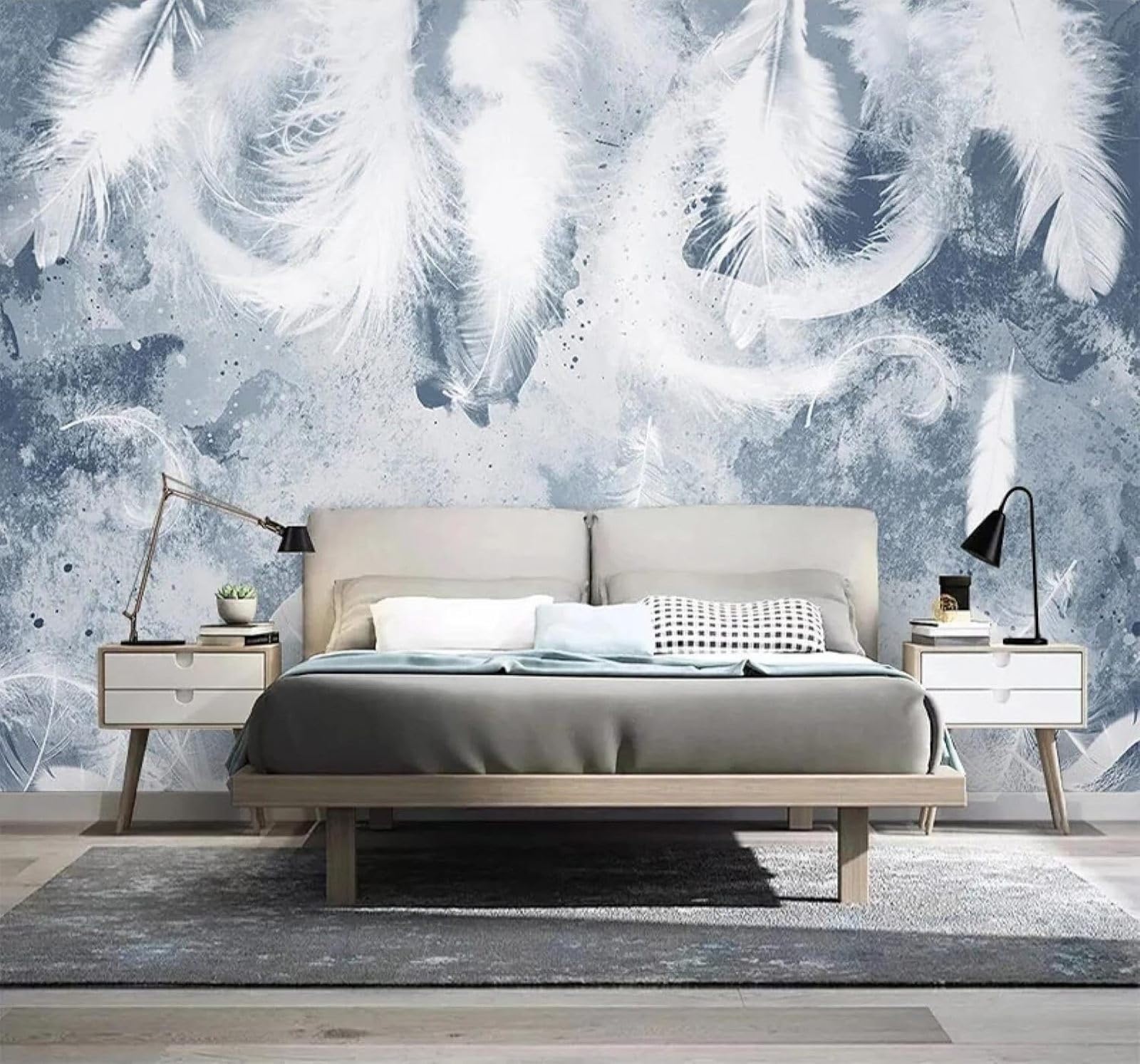 XLMING Abstract Blue Romantic White Feathers 3D Wallpaper Silky Texture Home Study Office Grey Dining Room Sofa Bedroom Living Room TV Backdrop-430cm×300cm