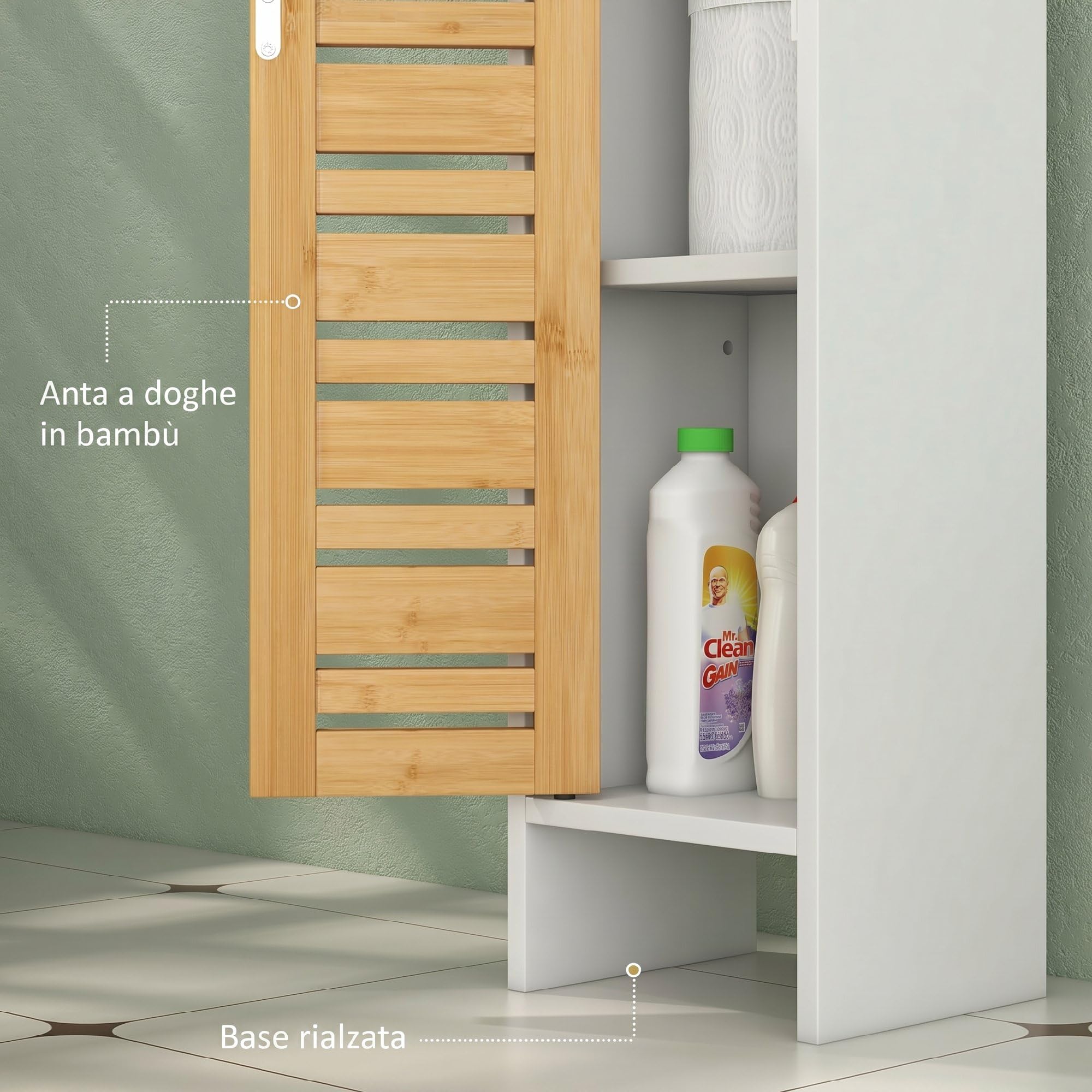 HOMCOM Mobile Bagno Slim con Ante in Bambù Salvaspazio 21x17x78 cm Bianco | Mobiletto Bagno Salvaspazio, Ripiani Regolabili, Porta Rotolo di Carta Igienica