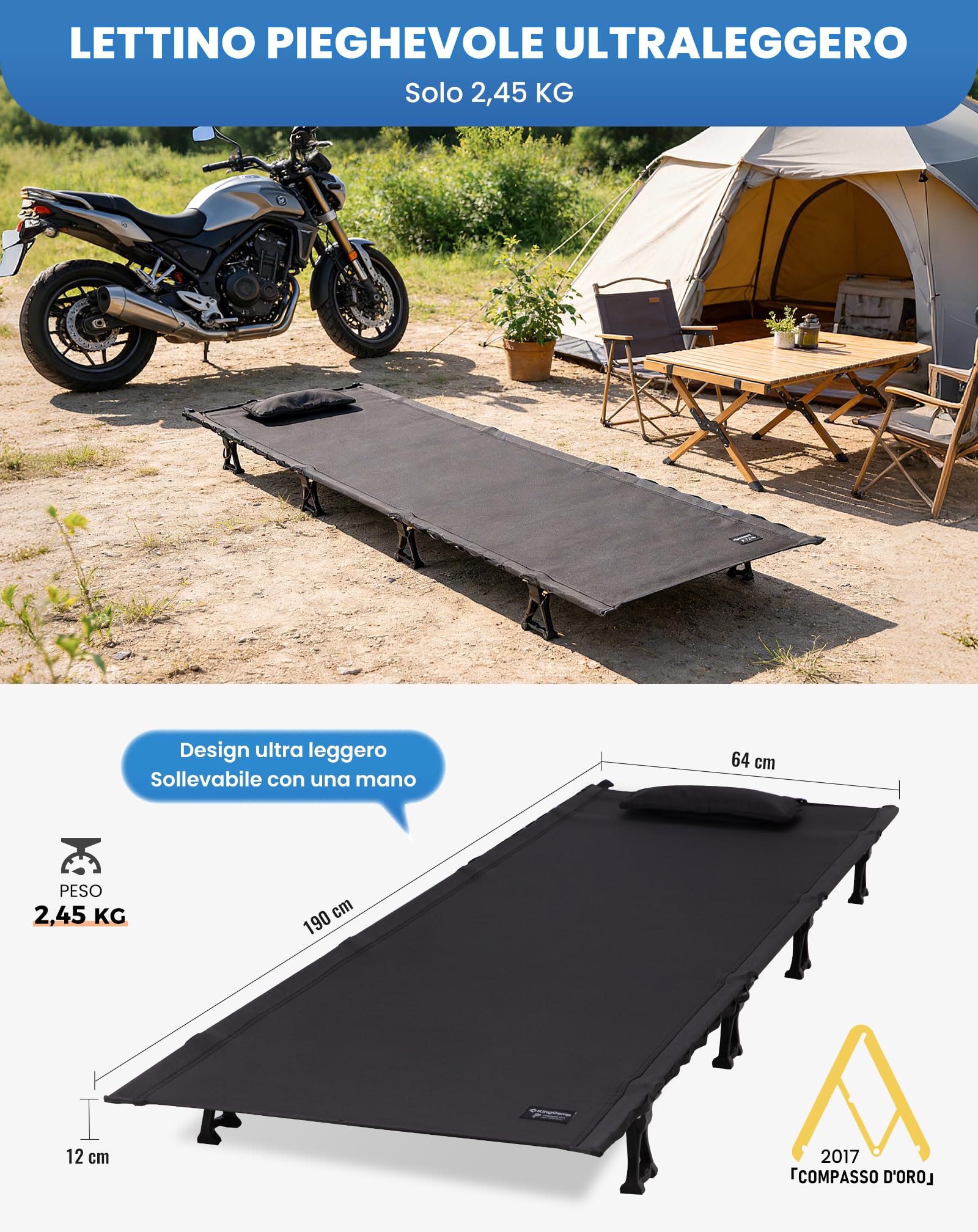 KingCamp Lettino da Campeggio Pieghevole Ultraleggero Letto per Dormire brandina da Camping Giardino 190 x 64 x 12 cm Capacità di Carico di 120 kg