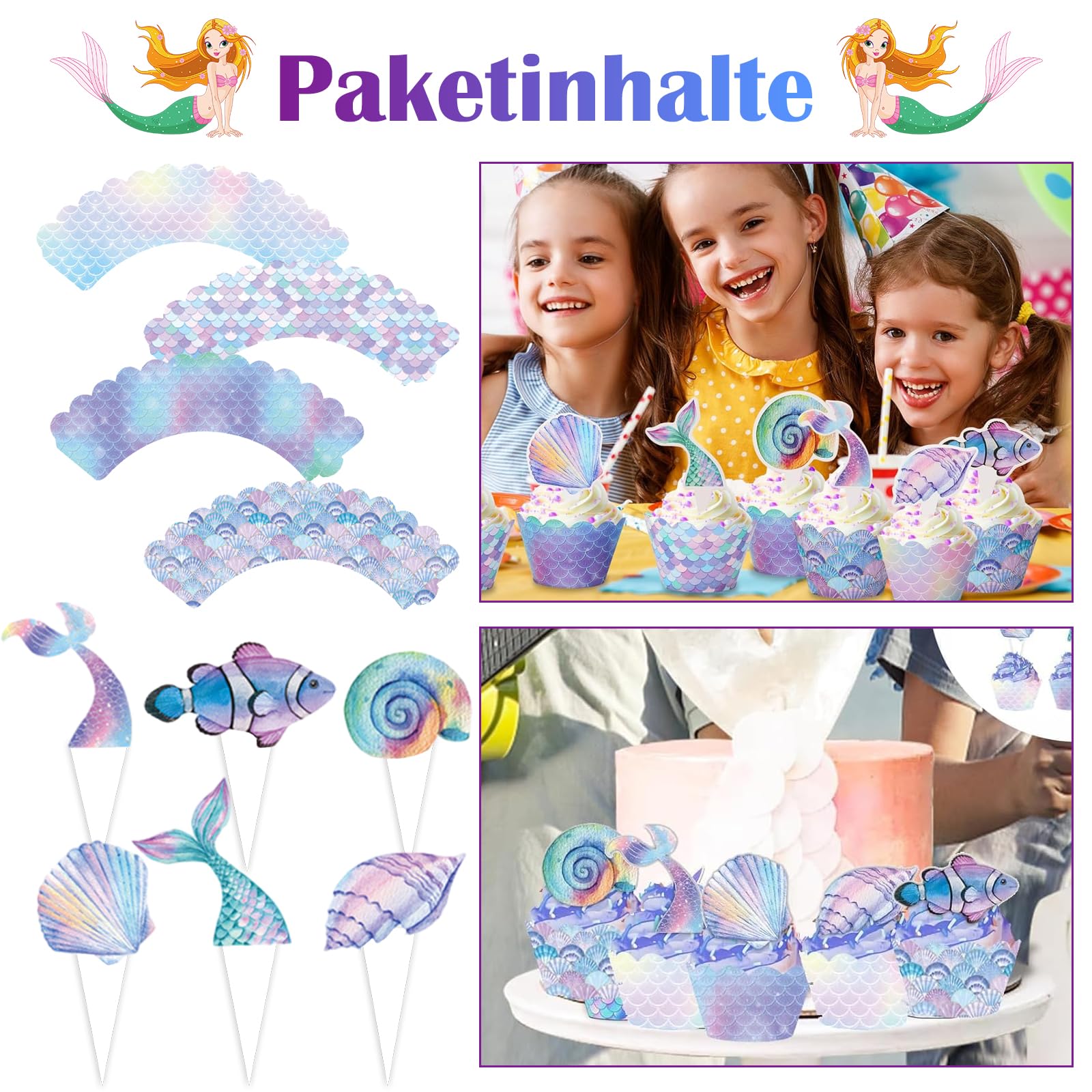 Forma Sirena Decorazioni Torte, 48 Pezzi Topper Per Torta Forma Sirena Decorazioni Compleanno, Topper Per Cupcake Compleanno Sull'Oceano Per Bambini Ragazze Donne Sotto Mare Tema Subacqueo Per Feste