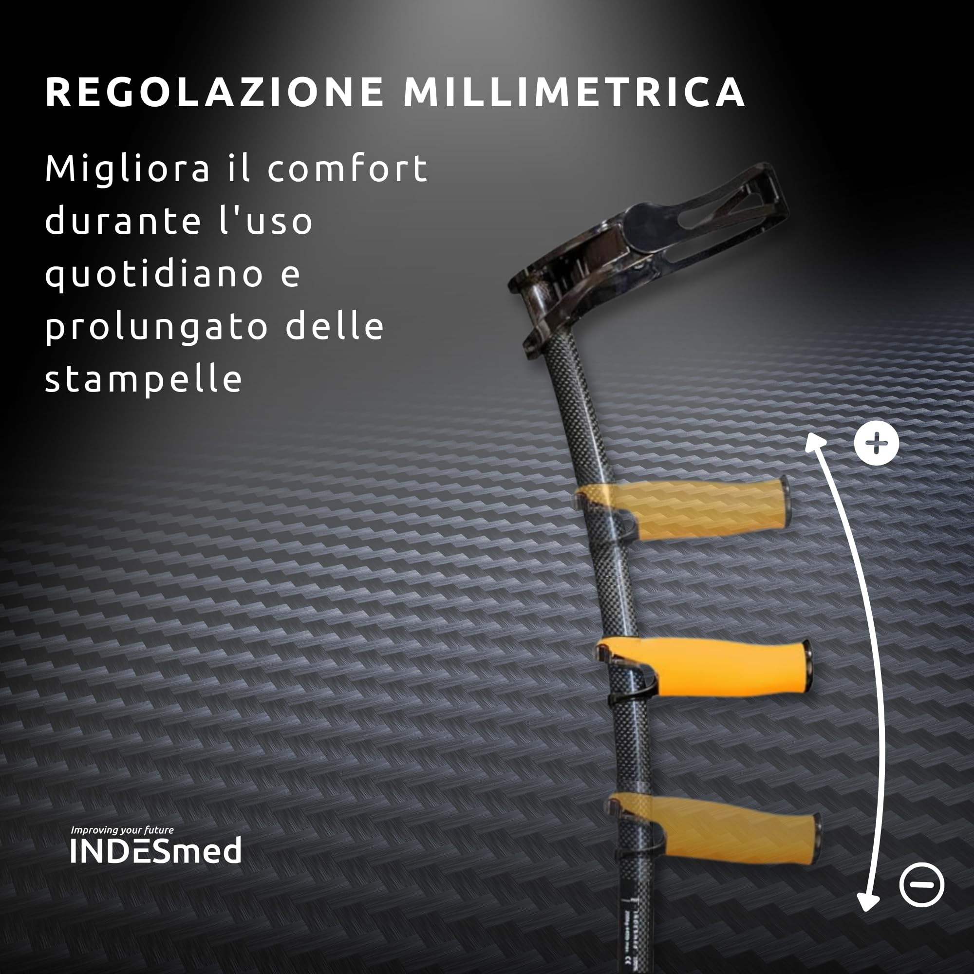INDESmed - Stampelle in fibra di carbonio 100% (2 unità) - Stampelle lusso, Più leggere al mondo, design brevettato - Stampelle ortopediche regolabili leggere, Uomo e Donna (Grigio, L)