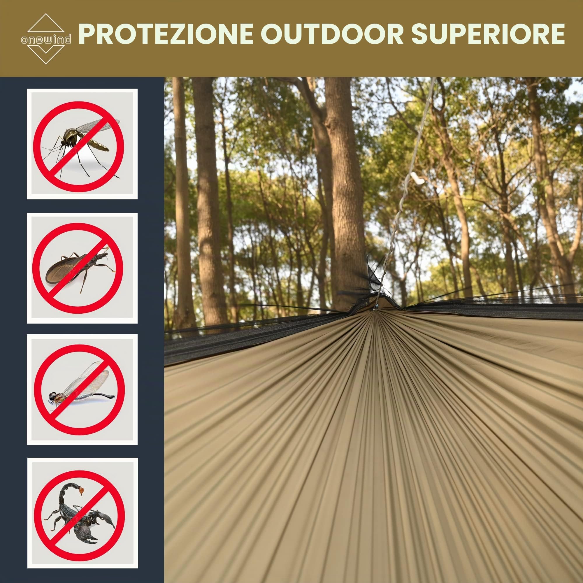 Onewind Amaca da campeggio con zanzariera da 12 m, con ridgeline UHMWPE regolabile, leggera amaca doppia portatile con cinghie per alberi da 3.7 m, ideale per campeggio, zaino in spalla, verde OD