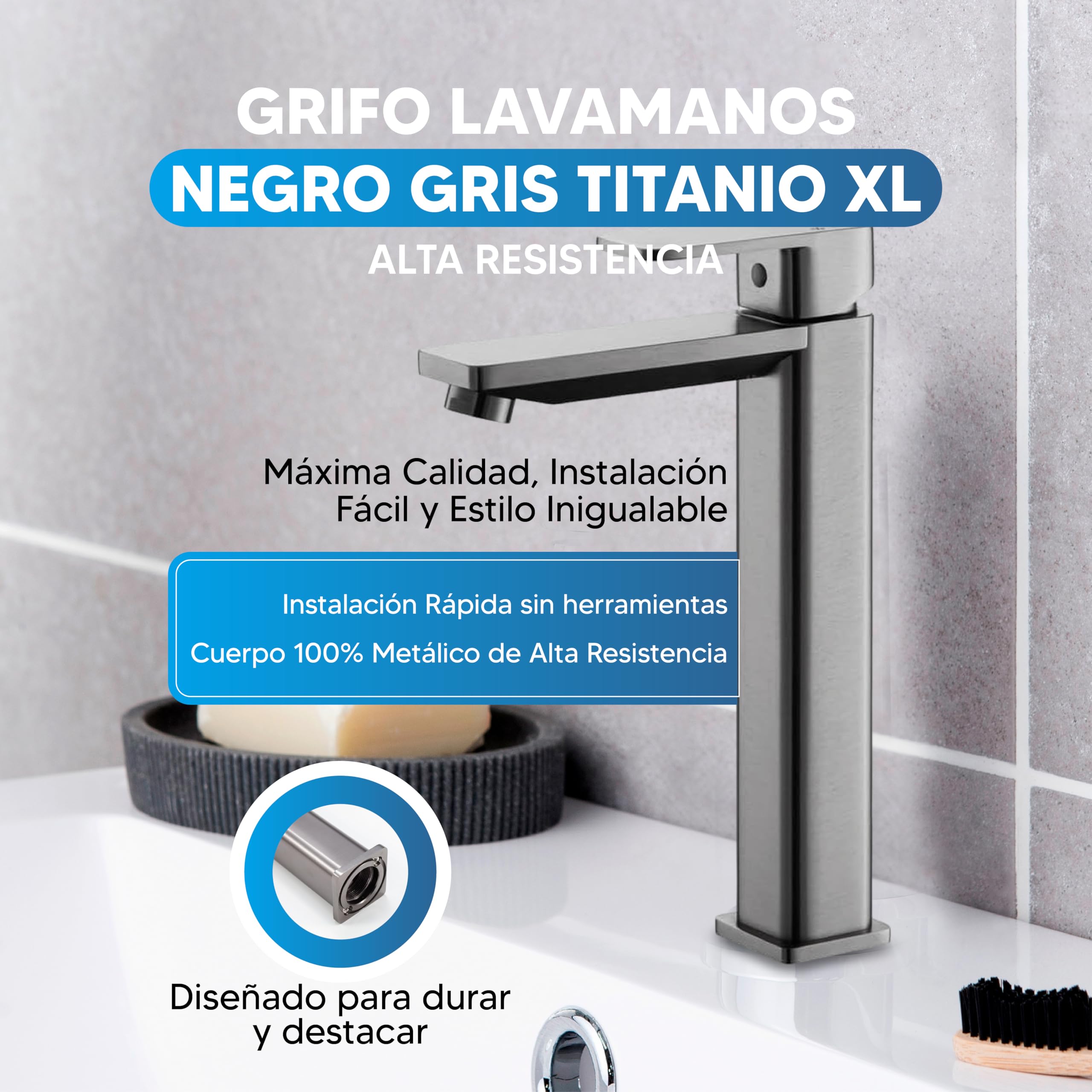 INEX EUROPA Grifo Lavamanos Negro Gris Titanio XL con Acabado Pulido - Grifo Baño Moderno con Fácil Instalación - Grifo de Lavabo Metálico de Alta Resistencia con Flujo Preciso – GARANTÍA 10 Años